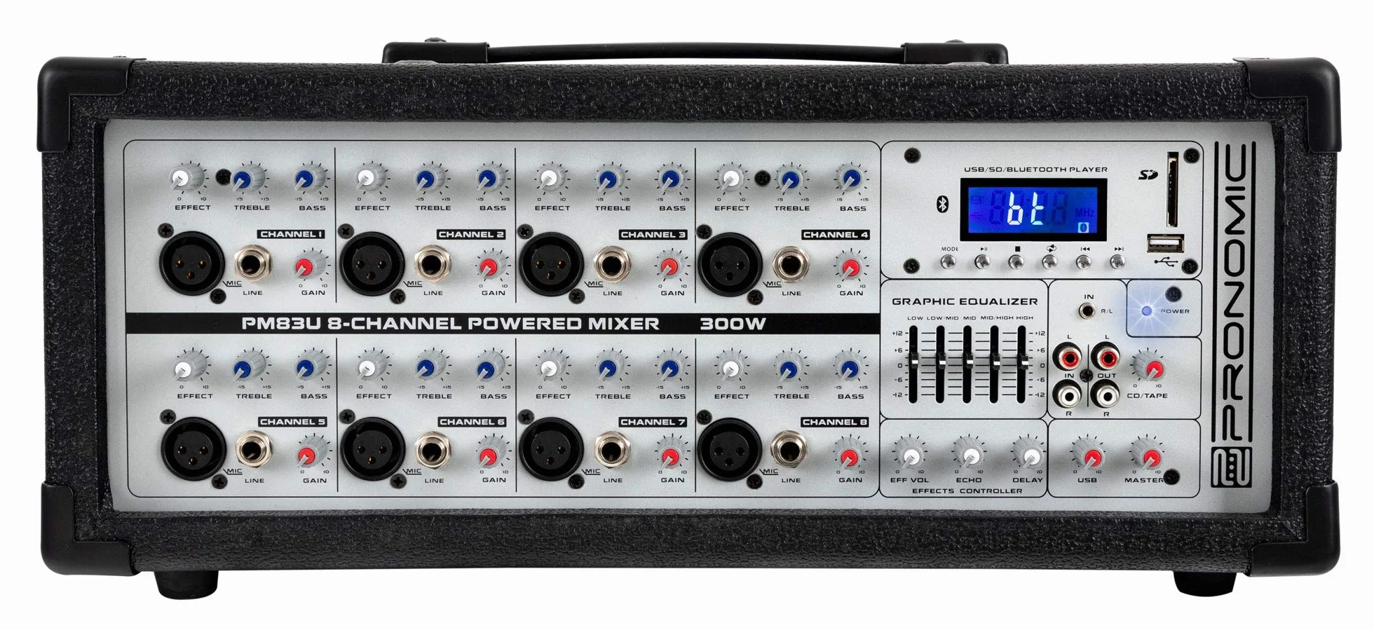 Pronomic PM83U mezclador de potencia de 8 canales con reproductor MP3 USB/SD/Bluetooth (mesa de mezclas en vivo con amplificador integrado, dispositivo de efectos digital, 300W)