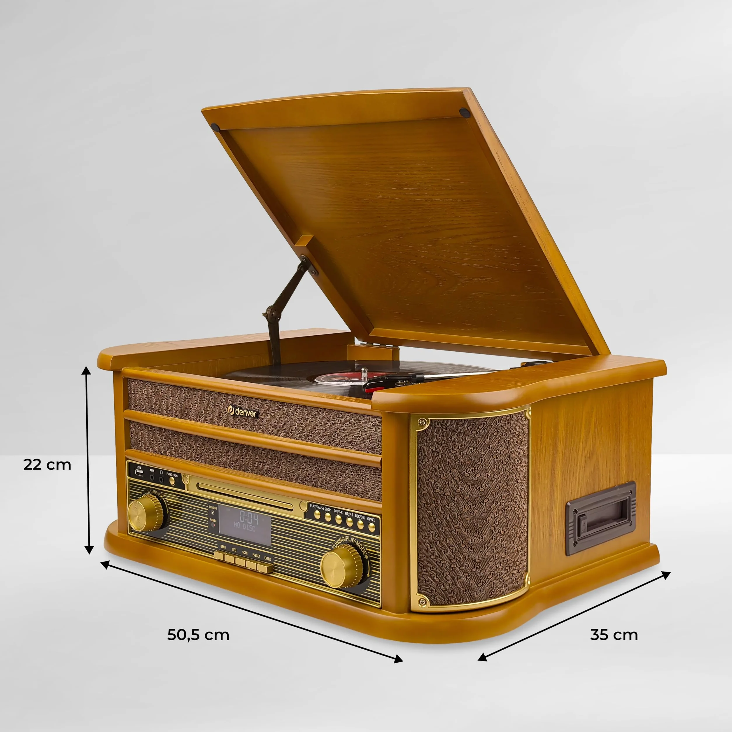Denver MRD-51 Cadena Musical Retro Madera, Tocadiscos, CD, Casete, Dab+/FM, USB, grabación a USB, Altavoces Integrados
