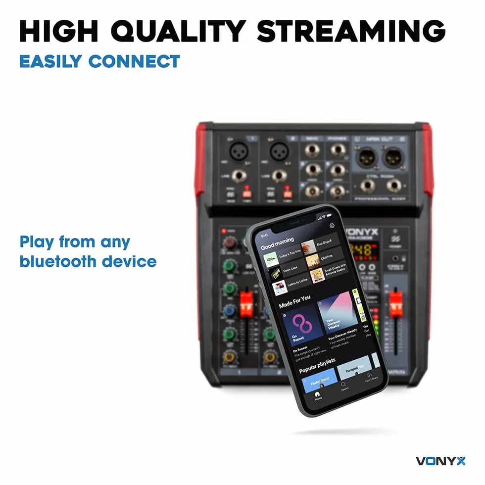 Vonyx VM-KG06 Mezclador analógico de audio de 6 canales con Bluetooth para grupos de música, 2 entradas XLR de micrófono con +48v, 2 entradas de linea con jack, Procesados de efectos DSP, USB/MP3