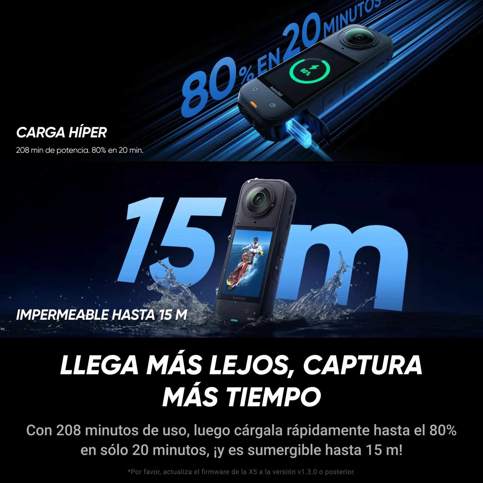 Insta360 X5 Paquete Esencial Cámara 8K 360º Impermeable Lente Dura reemplazable batería 3h antiviento Incorporado estabilización