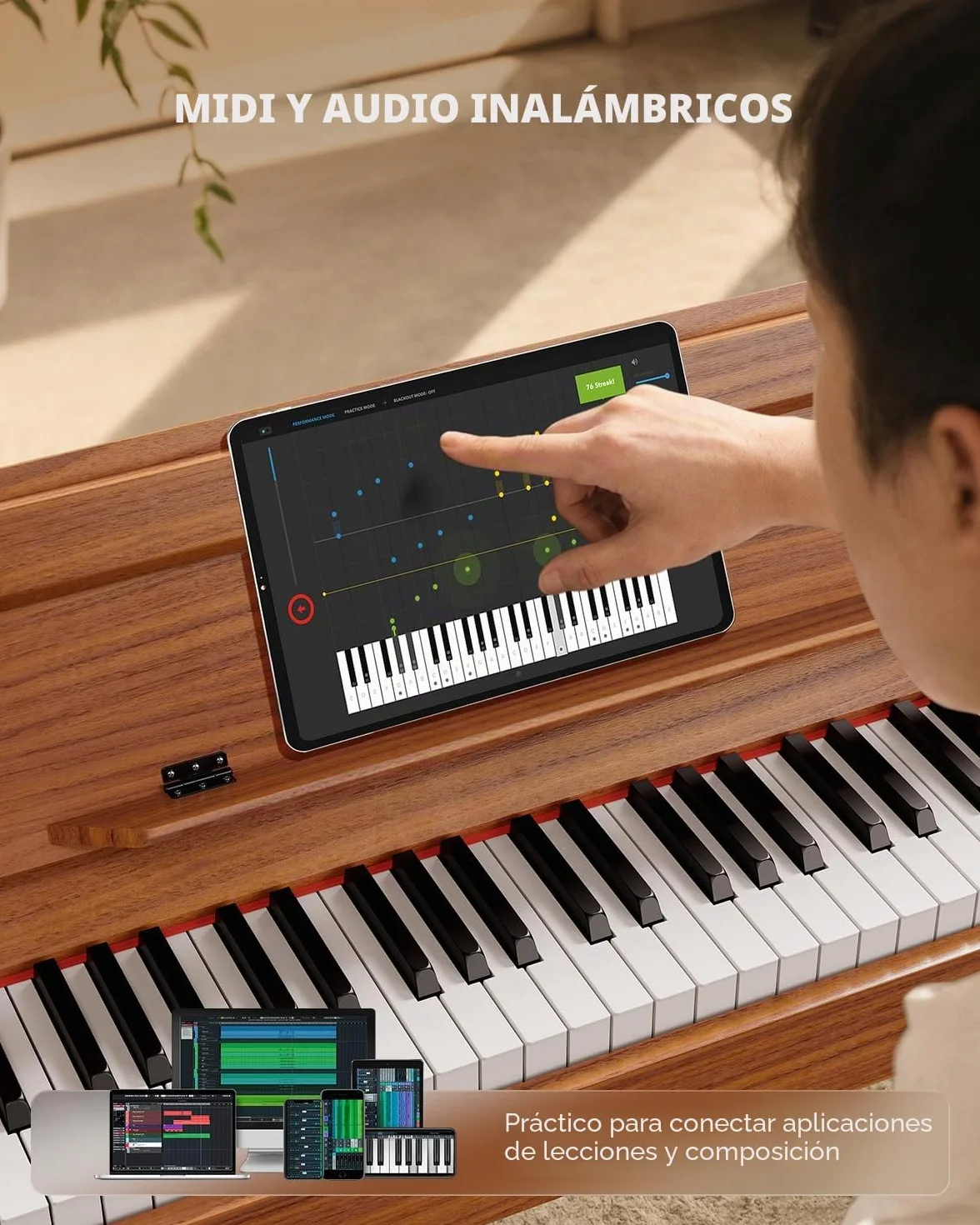 Eastar EUP-100 Piano de Teclado Contrapesado 88 Teclas, Piano Digital para Principiantes,con Funda, Auriculares, Pegatinas Musicales, Tres Pedales, Conexión Inalámbrica, Grabación, MIDI- Madera Retro