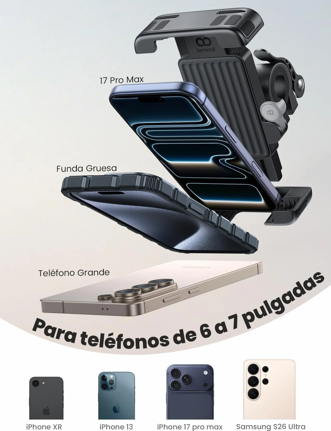 Lamicall Soporte Móvil Bicicleta Moto 360° Rotación Liberación Rápida para iPhone 17 16 15 14 Pro Max Galaxy S25 S24 Ultra 6-7"