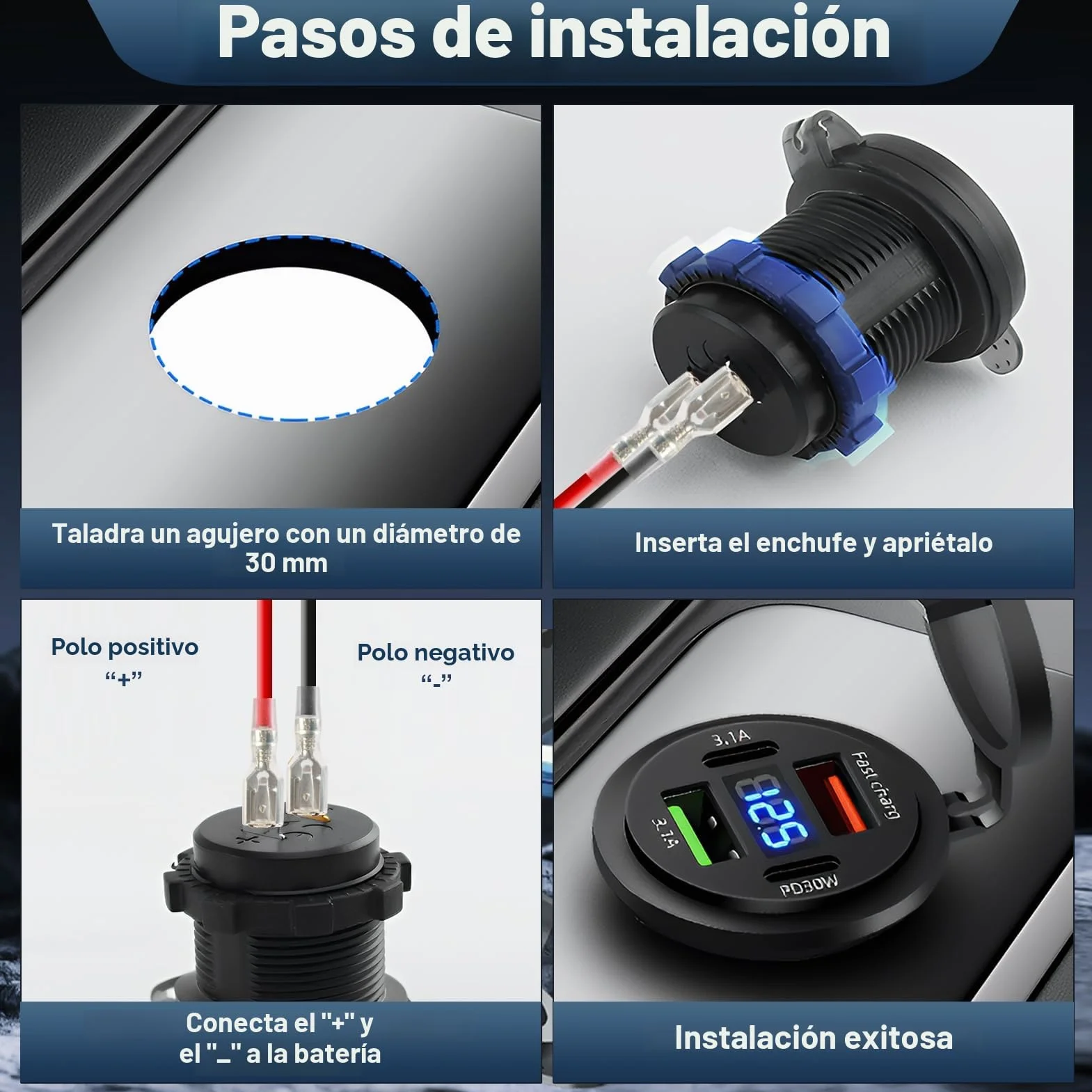 Cargador de Coche 12V 4 Puertos USB, Doble PD3.0 QC3.0 USB C Impermeable con Voltímetro