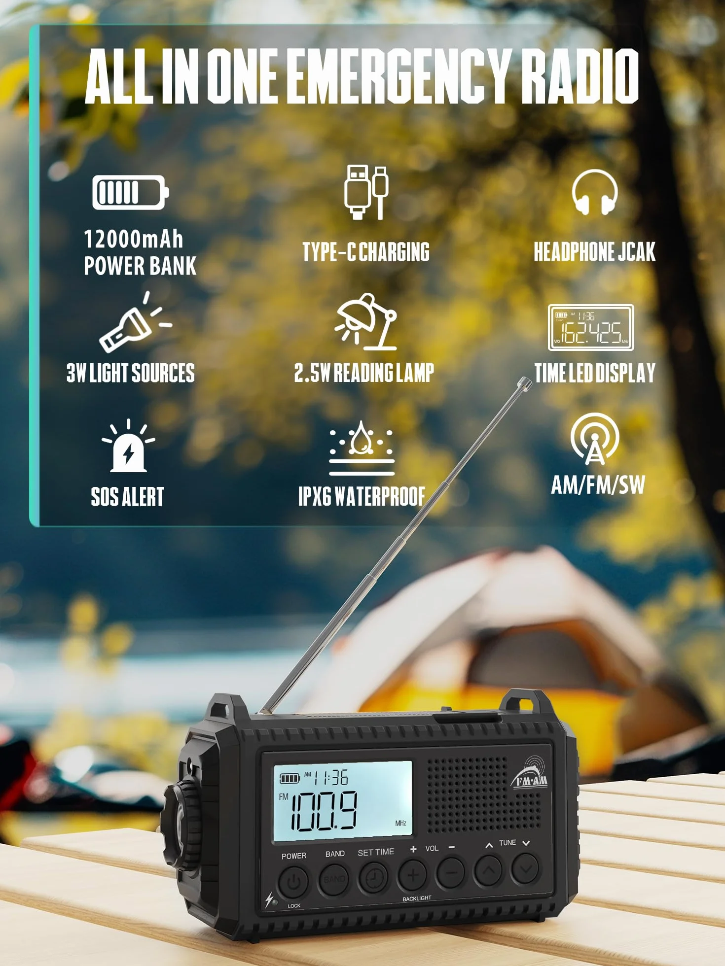 Radio de Emergencia Solar de Mano con Am/FM, Radio portátil alimentada por baterías de 12000mAh, Radio de transistores de Cuerda con Cargador de teléfono, Alarma SOS, Linterna de Supervivencia