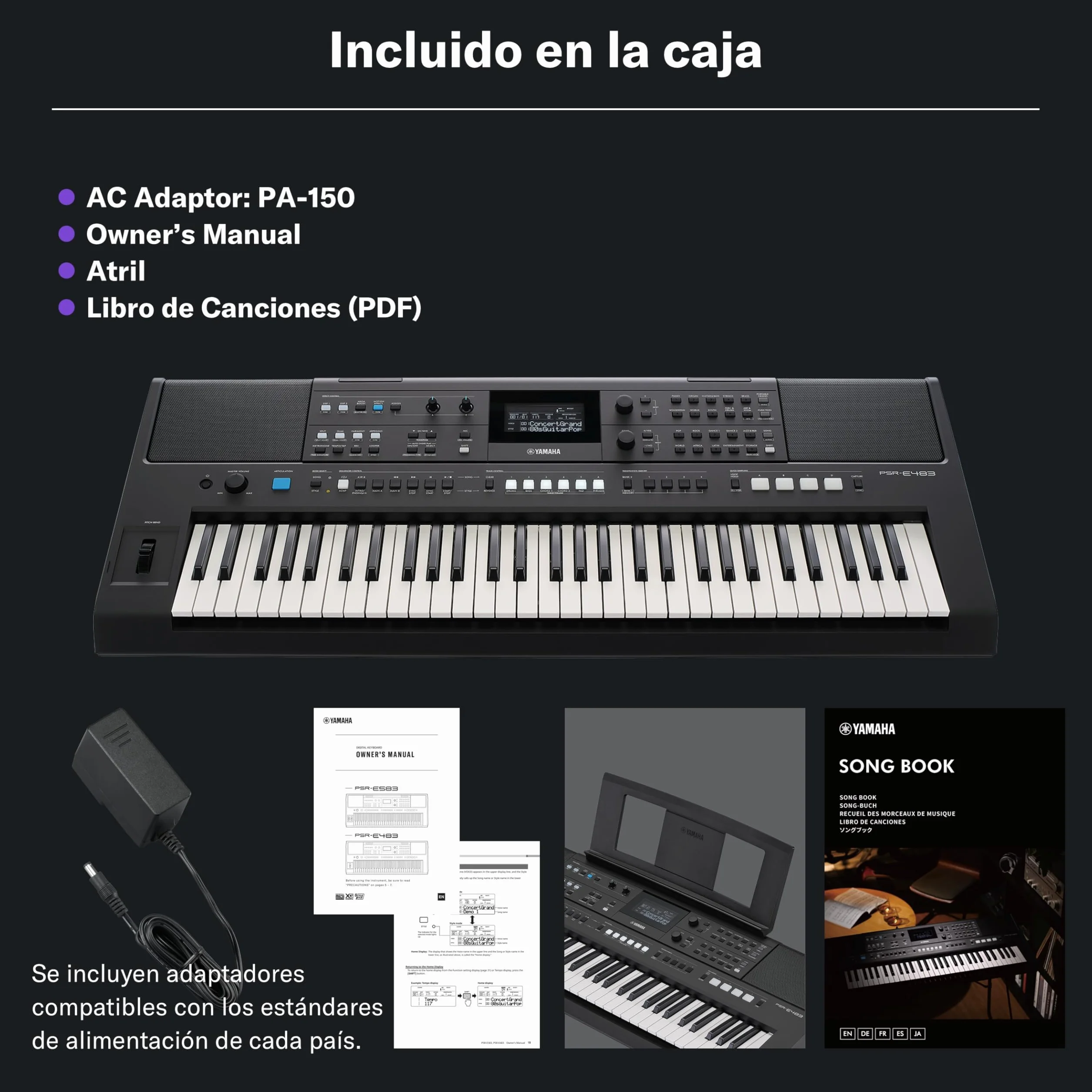 YAMAHA PSR-E483 – Teclado portátil moderno con 61 teclas sensibles a la pulsación, 860 Voces con 15 Super Articulation Lite, 345 Estilos, altavoces de alta potencia y USB-C – Negro