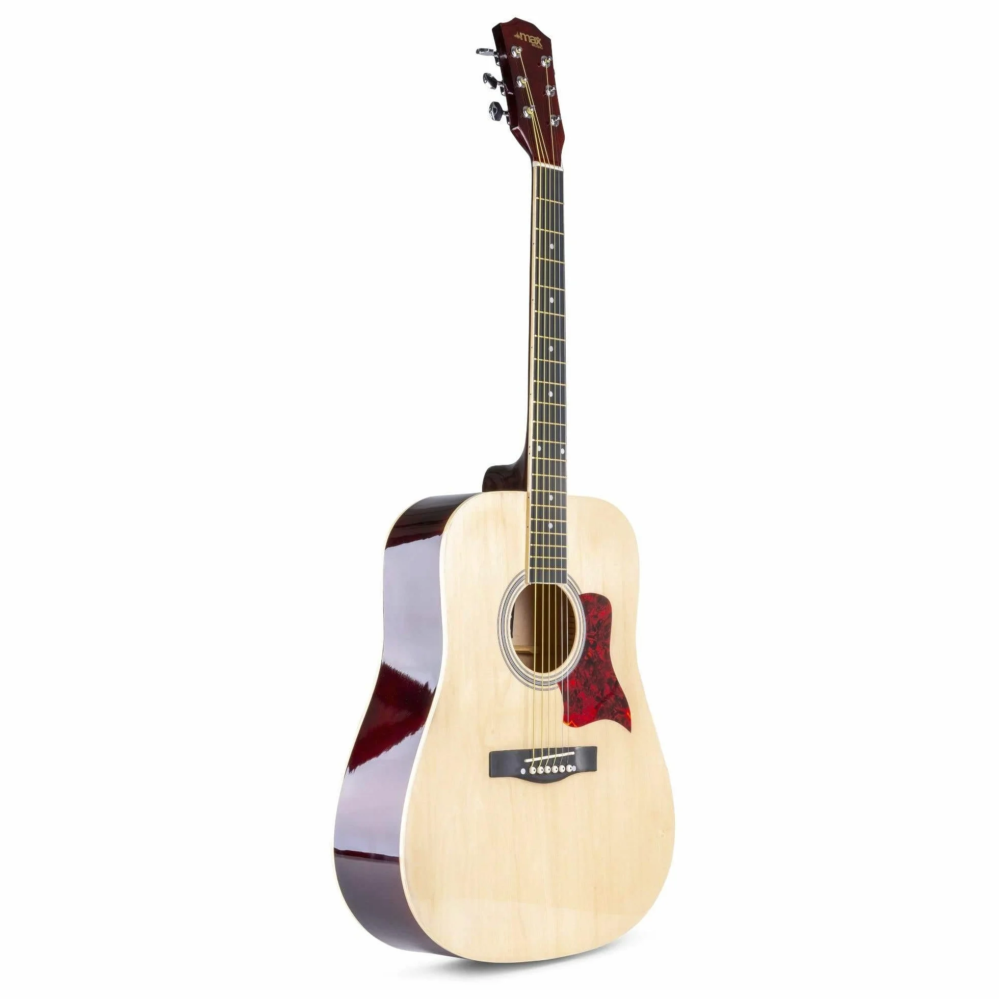 MAX SoloJam Guitarra Acústica Madera Natural – Set Completo para Principiantes con Soporte, Afinador, Bolsa, Cuerdas, Correa y Púas – Ideal para Niños desde 8 Años y Adultos