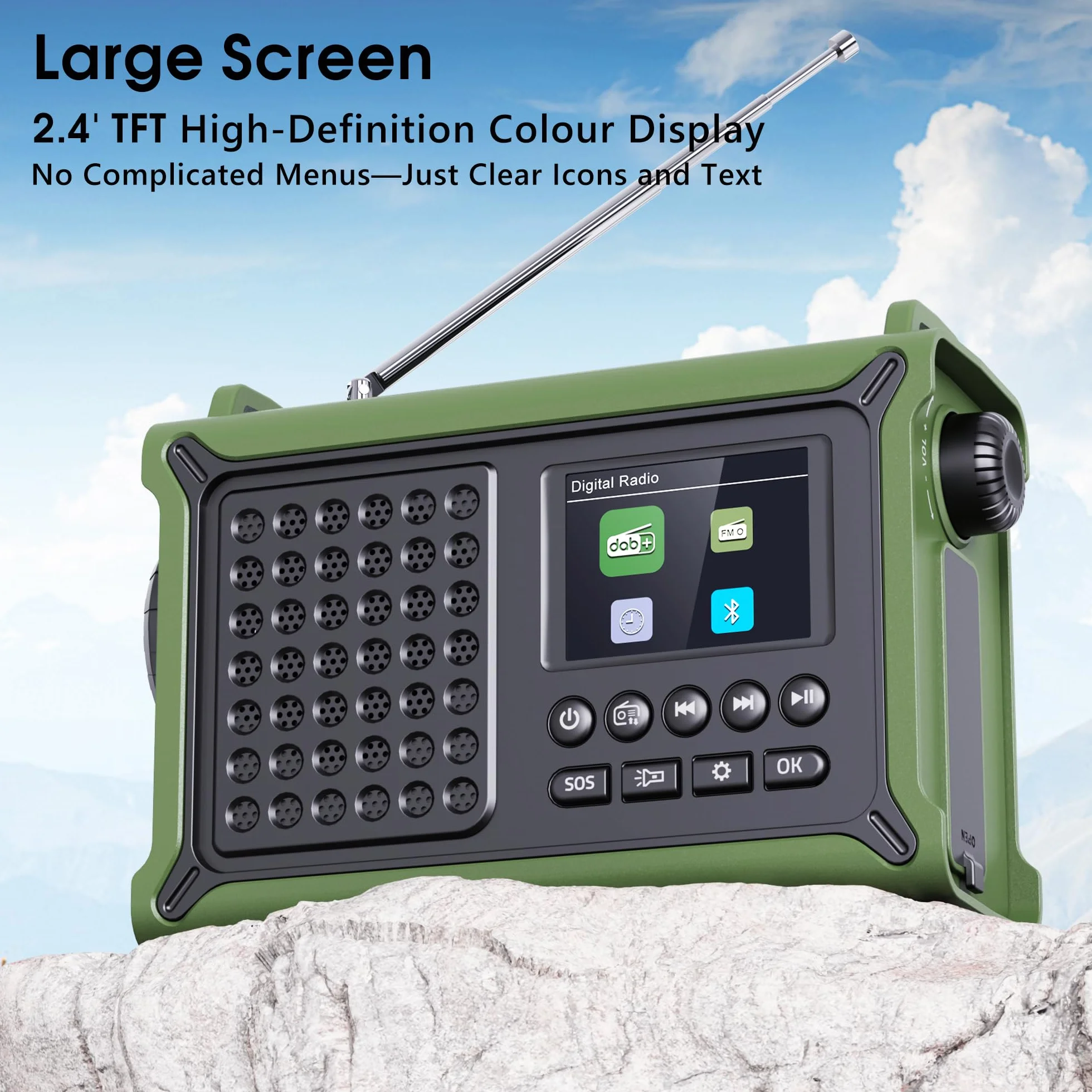 Radio Portátil Dab+/Dab/FM, Radio Solar con Manivela con Batería Recargable de 12000 mAh, Radio con 80 Emisoras Presintonizadas, Pantalla LED TFT de 2,4", Alarma SOS para Senderismoa, Camping