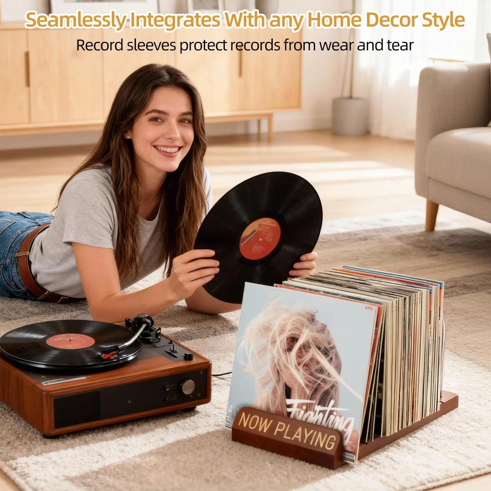 Soporte para discos de vinilo escalable retro para 30 – 70 LPs, soporte de vinilo Now Playing de madera y metal, soporte LP para CD, álbumes, con 5 bolsillos interiores
