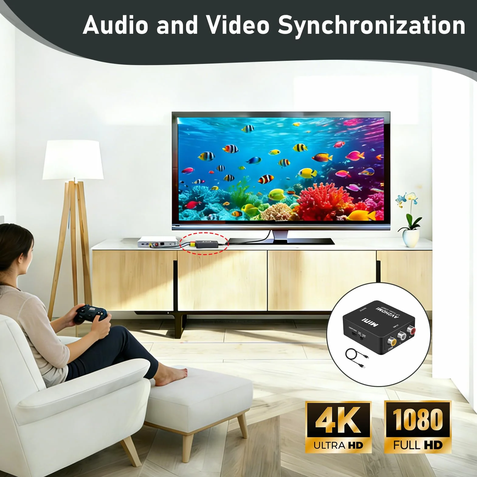 Adaptador RCA a HDMI 1080P, Convertidor AV a HDMI con Soporte para Wii, PS2, Gamecube, DVD, VHS, Laptop, Proyector, Compatible con Televisores y Monitores, Cable de Alimentación USB Incluido (Negro)