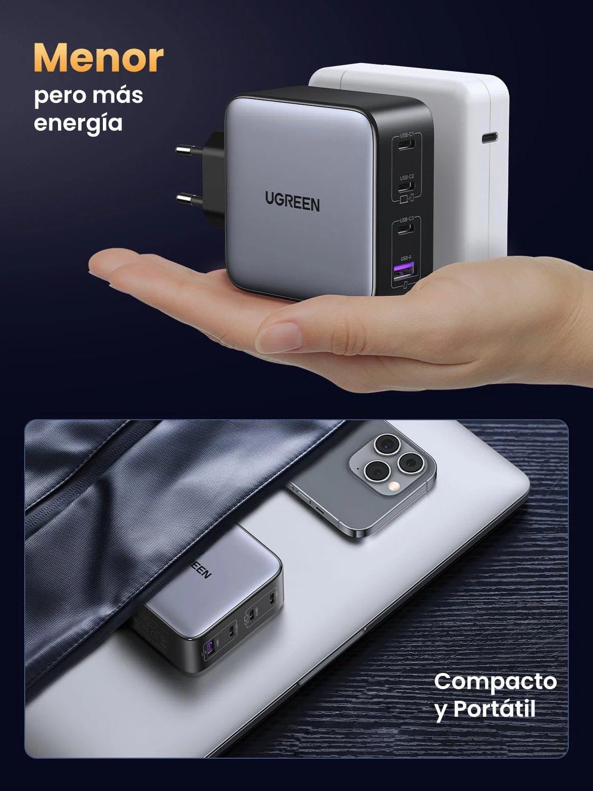 UGREEN Nexode 100W Cargador USB C Carga Rápida Multidispositivo con 4 Puertos Compatible con iPhone 17 Pro MAX Air 16 15 14 13 Galaxy S26 25 24 Pixel 10 Pro iPad MacBook M5 M4 Steam Deck
