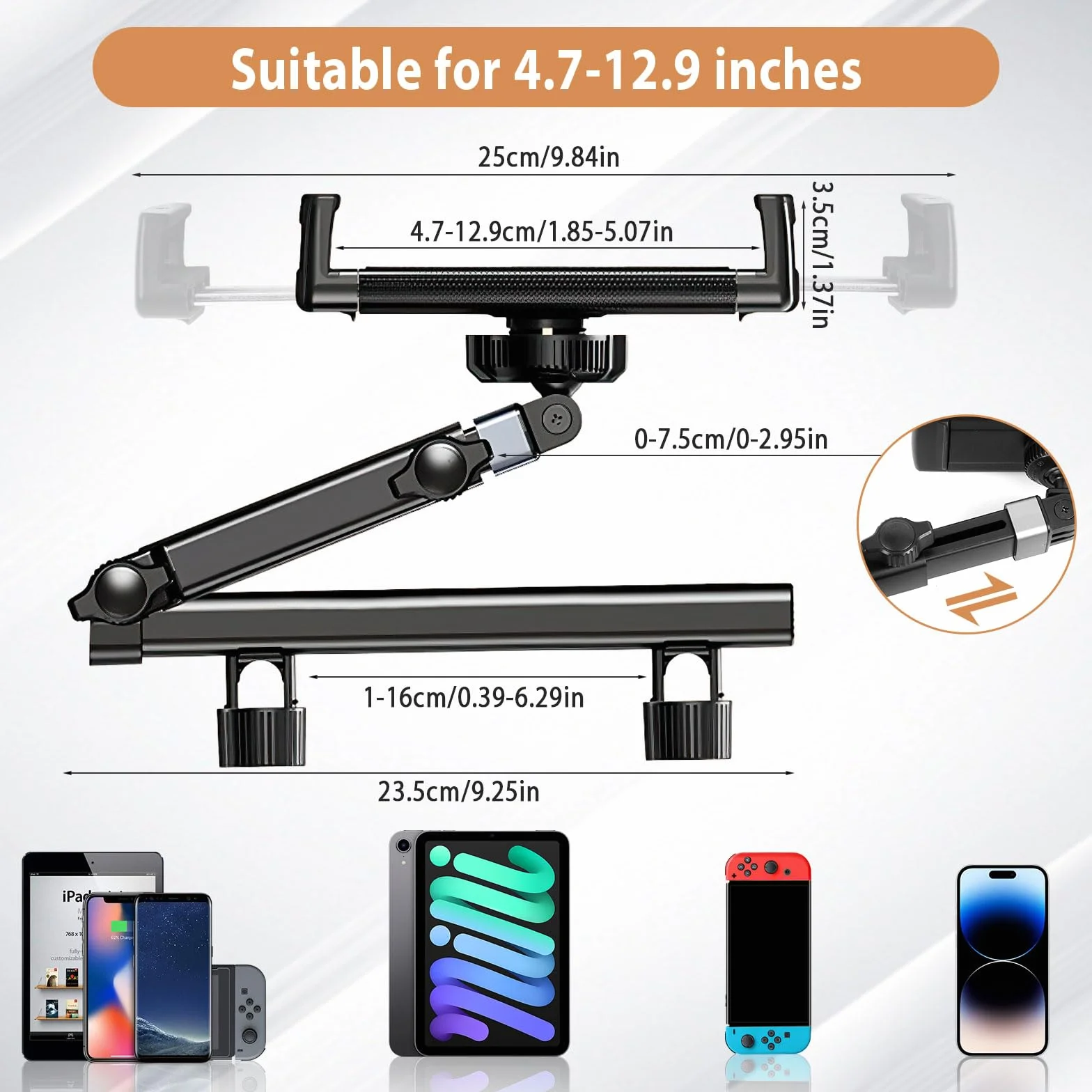 Soporte Tablet Coche Extensible, Soporte Extensible para Tablet Móvil Soporte Reposacabezas Asiento Trasero con Apoyo 360 Rotación para 4,7~31 Pulgadas de iPad y iPhone, Galaxy Tab, Huawei, Switch