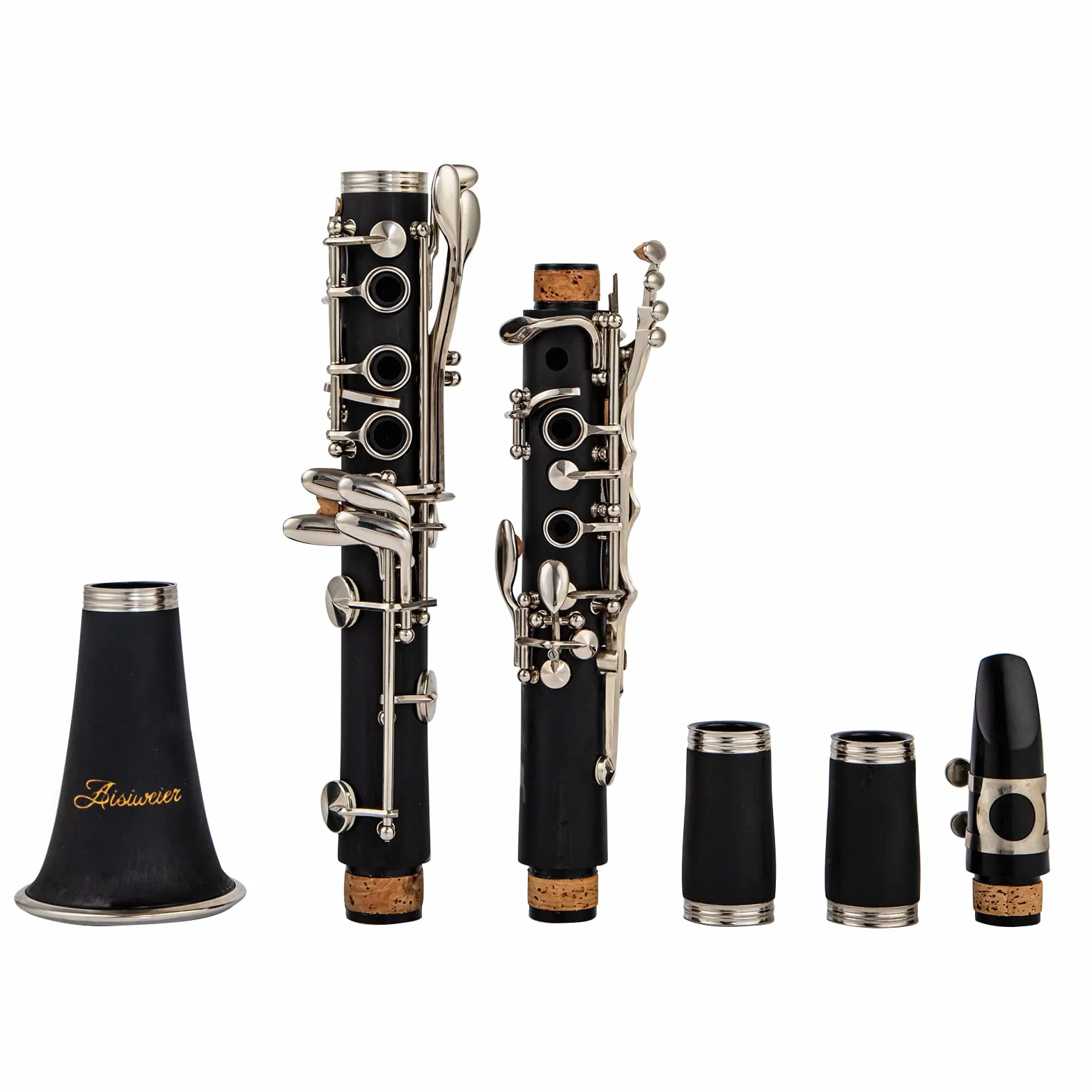 B-Flat Clarinete de ébonita negra para estudiantes principiantes, con llaves niqueladas, cinturón, grasa para articulaciones, guantes blancos, paño de pulido suave, cojín de 8 boquillas,