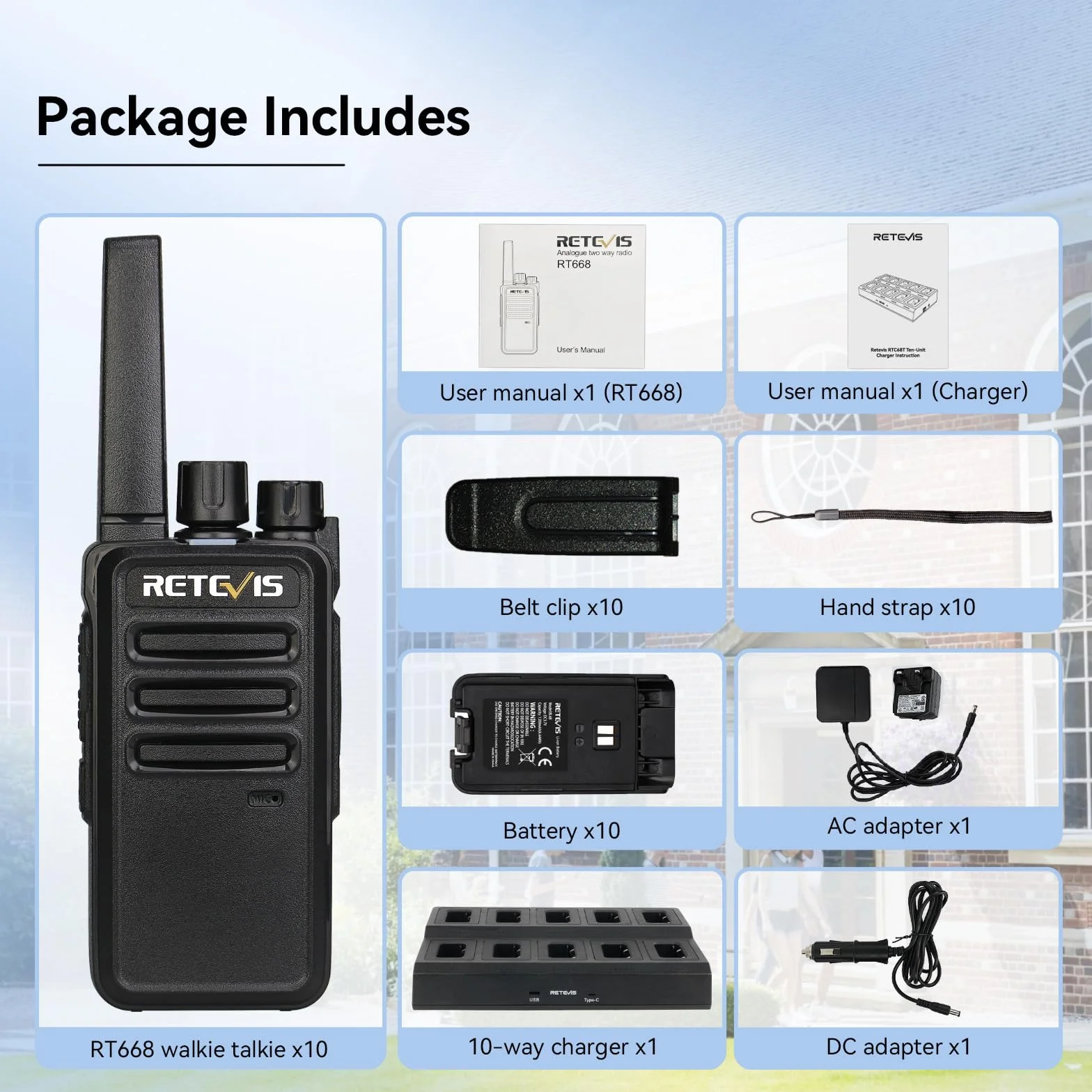 Retevis RT668 Walkie Talkies con Cargador de 10 Vías, PMR446 Radio Bidireccional Profesional, Adaptador Reemplazable, Resistente walkie pmr Recargable para Proveedor, Fabricante(Negro, 10 Piezas)