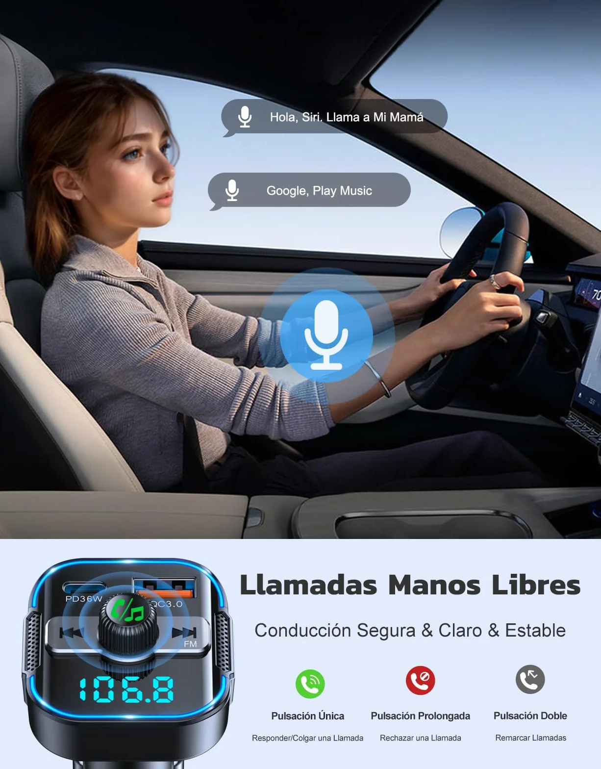 Glangeh 2026 Transmisor FM Bluetooth 5.3 Coche【PD 36W + QC 18W】, 2 en 1 【Micrófonos Duales】 Receptor Bluetooth y Cargador Rápido, Kit Manos Libres Coche Bluetooth, Asistente Siri/Musica