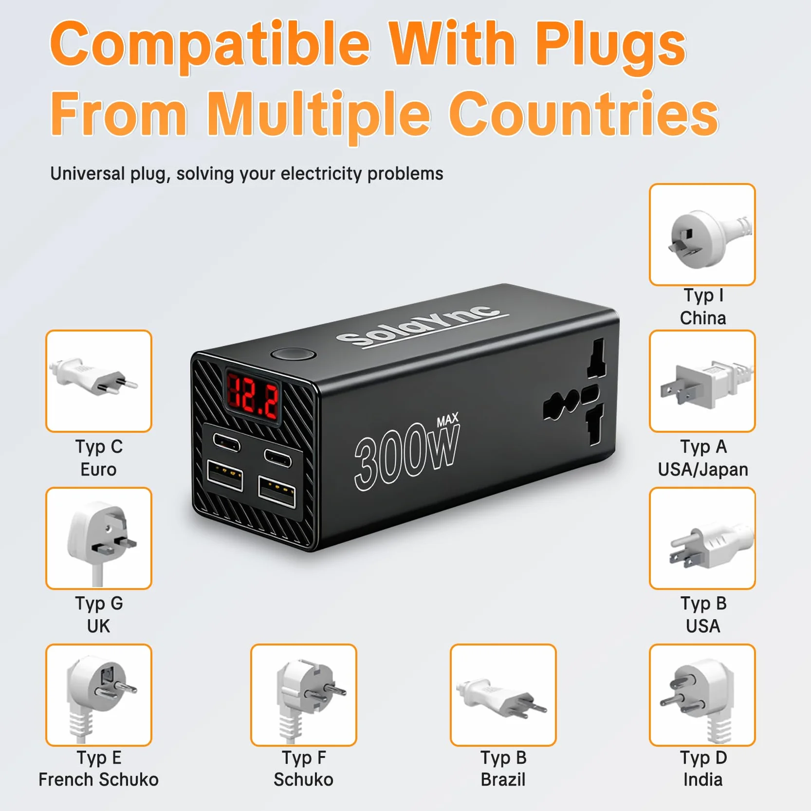 300W Convertidor de tensión para vehículos de 12 V/24 V a 230 V, con enchufes internacionales y Pantalla LED, 2 Puertos USB-A y 2 Puertos USB-C, Apto para Coches, Barcos y caravanas.