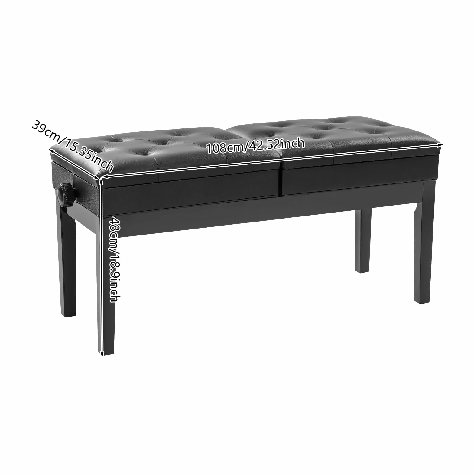 Banco de piano de doble plaza, 108 x 39 x 48 cm, altura regulable para 2 personas, soporta 200 kg, silla de piano con espacio para el hogar, escuelas, conciertos (negro)