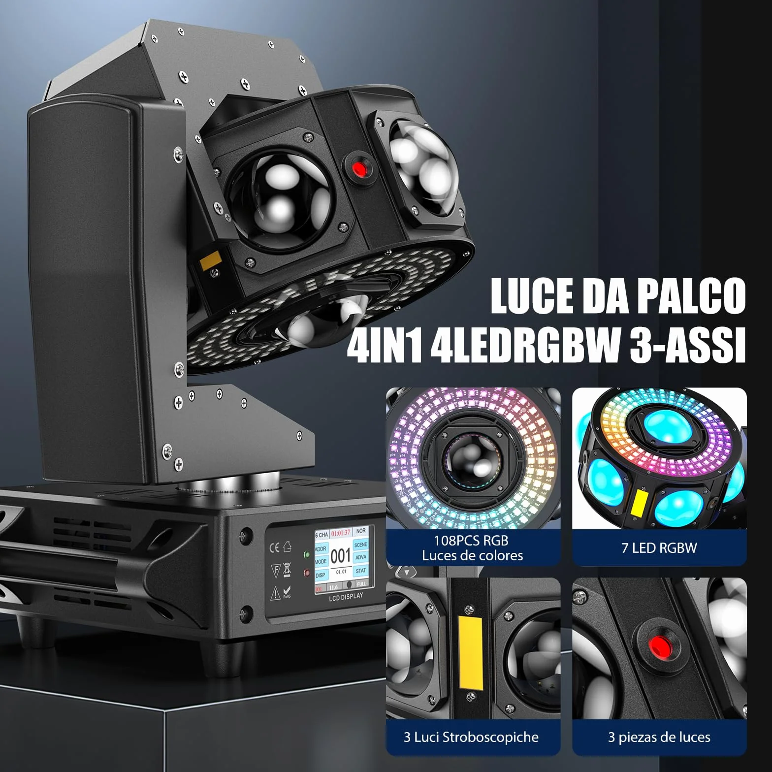 Cabeza Movil LED 200W RGBW Beam Luces Discoteca 3 axis Rotación infinita Foco de escenario 19CH/25CH Control de sonido para Halloween DJ bar cumpleaños discoteca