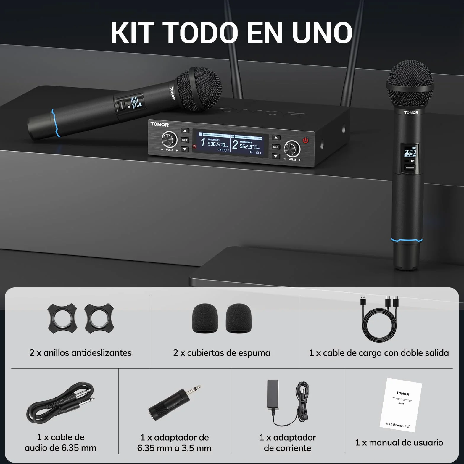 TONOR Micrófono Inalámbrico Profesional, Recargable Wireless Microphone Dinámico de Mano, Sistema de 2×100 Frecuencias UHF Ajustable para Karaoke/Fiestas/DJ/Iglesias, Escaneo Automático, 100M, TW750