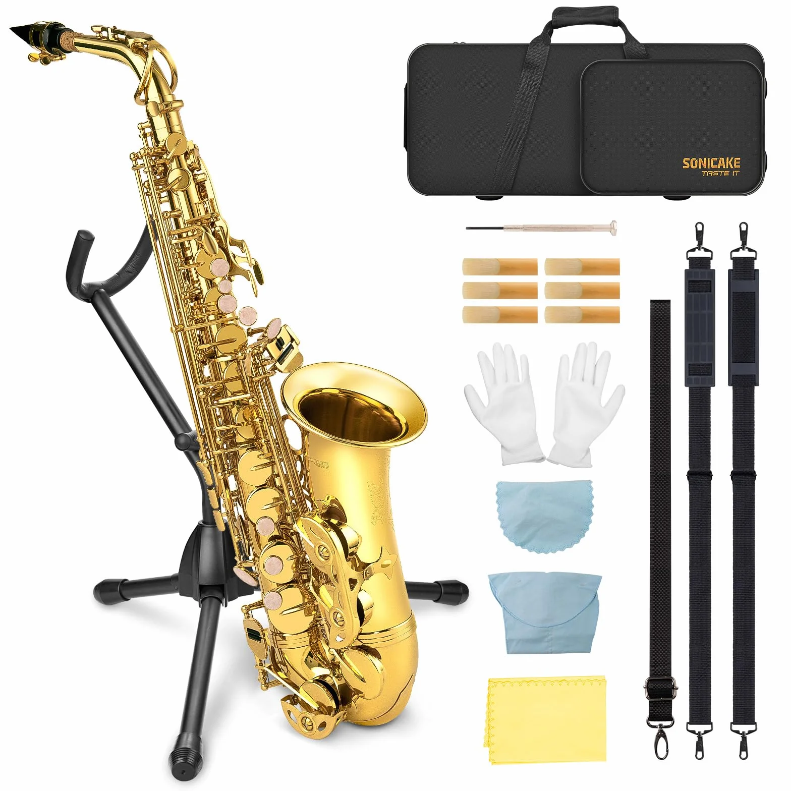 SONICAKE Saxofón Alto Mi bemol Barnizado en Oro, Kit completo para principiantes con estuche, boquilla, cañas, soporte y accesorios QSX-01