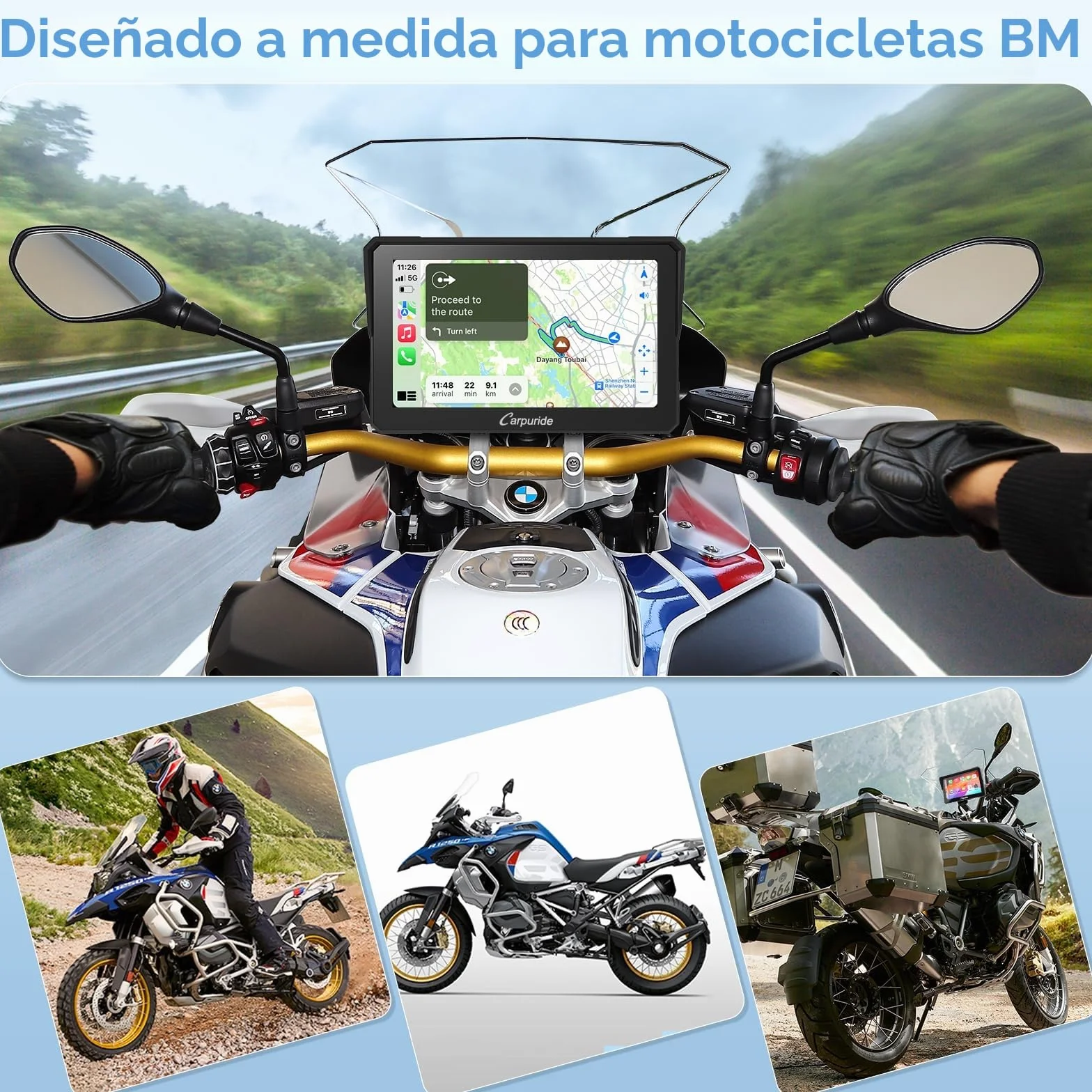 Carpuride W702B Pantalla GPS Carplay para Motocicleta 7 Pulgadas Impermeable Bluetooth