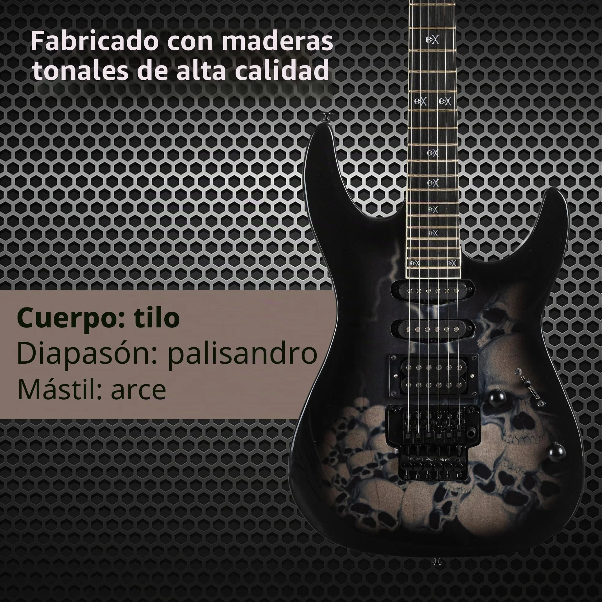 Rocktile Pro JK150-BSK Guitarra eléctrica 6 cuerdas ST-style, HSS, tremolo FR, 24 trastes jumbo, cuerpo tilo, mástil arce, accesorios incluidos. Negro con diseño Skull.