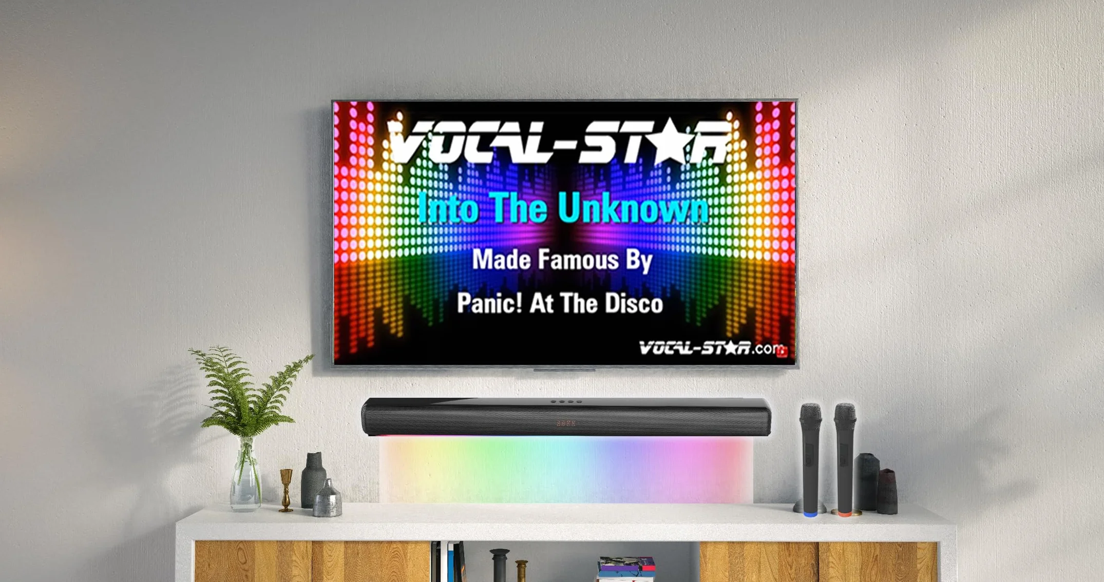 Máquina de Karaoke Vocal-Star, Altavoz de Barra de Sonido de 300 W, 2 micrófonos inalámbricos UHF, Efectos de luz, HDMI ARC, BT, AUX, óptico, Sistema de Entretenimiento Todo en uno