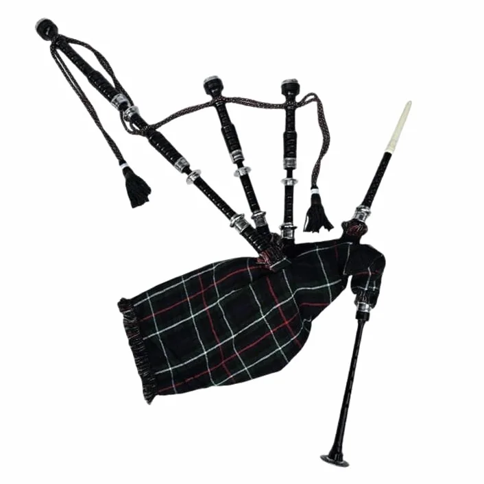 Mackenzie Tartan Great Highland - Gaita con soportes plateados, colección de drones, cañas de práctica, libro tutor, pipa de aire, bolsa de transporte, auténtico instrumento musical escocés