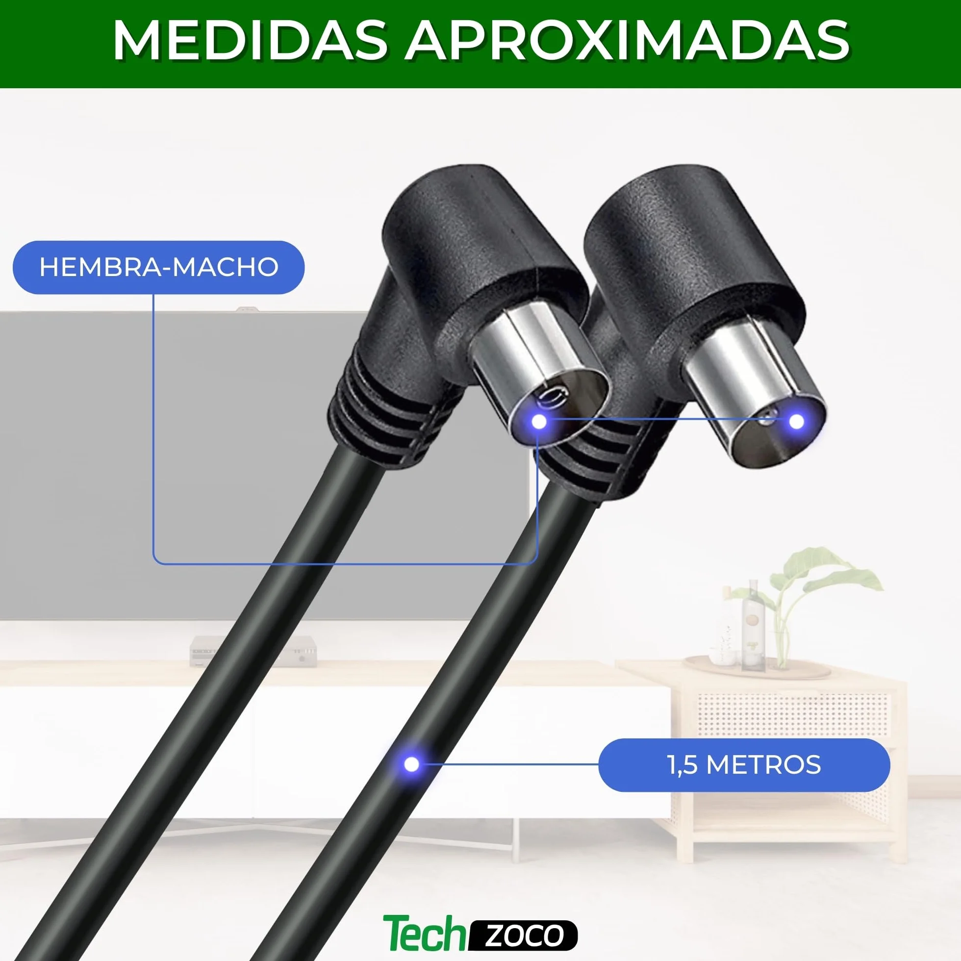 TECHZOCO Cable antena TV coaxial 75 Ohm 1.5 metros HDTV DVB-T2 DVB-C DVB-S 70dB Negro