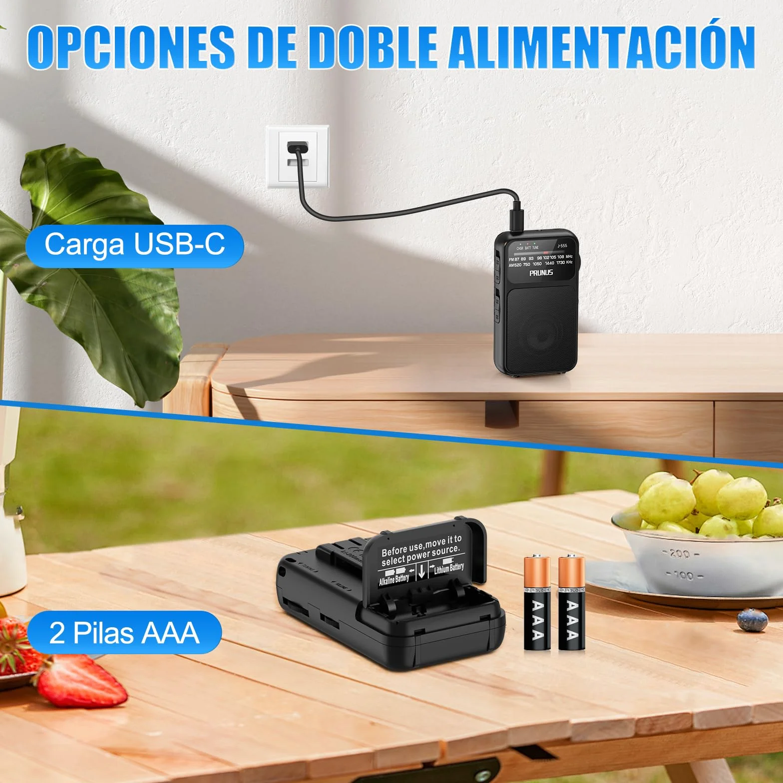 PRUNUS J-555 Am/FM Radio Portatil Pequeña Recargable, Radios Pequeña Pilas, con Toma de Auriculares, Carga USB-C, Transistor Radio de Bolsillo con Clip y cordón para Correr, Acampar. (Negro)