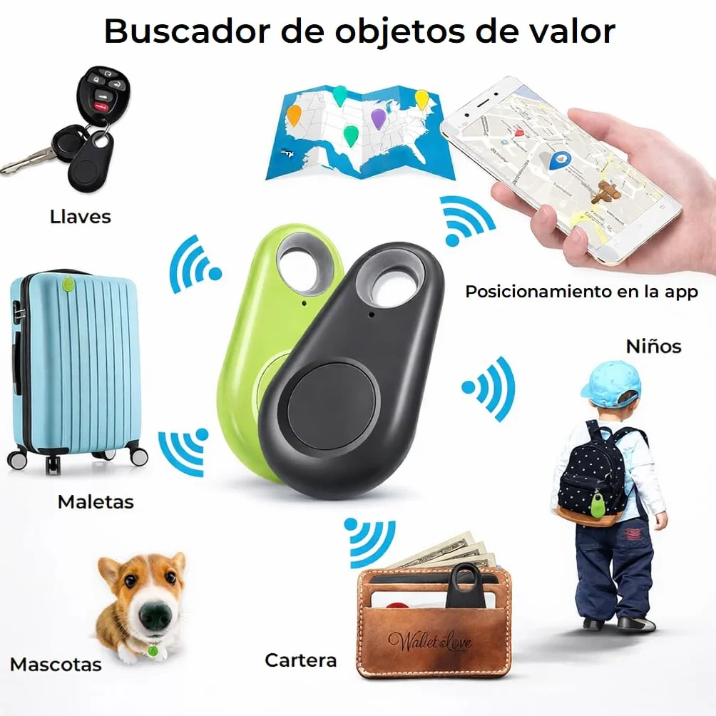 Rastreador GPS Bluetooth con Alarma Antipérdida Localizador Inteligente para Mascotas App Móvil Geocercas Batería Larga Duración