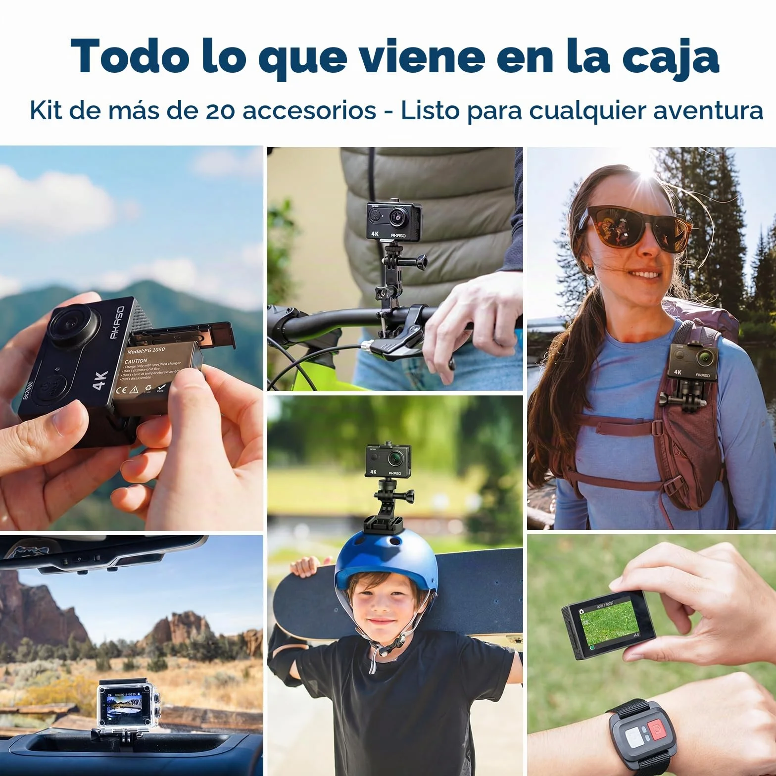 AKASO Cámara Deportiva 4K 30FPS 20MP WiFi Acción Gran Ángulo 170° Control Remoto 2.4G Sumergible 30M EK7000