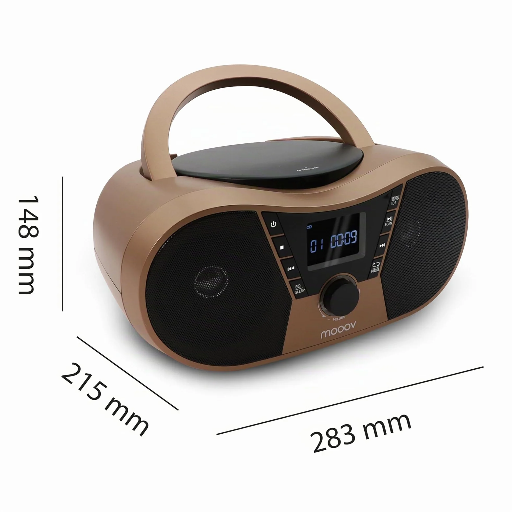 Mooov 477406 - Reproductor de CD portátil, Lector CD Audio CD-R/CD-RW, Radio FM, Puerto USB para MP3, Sonido estéreo de 4W, asa ergonómica, Funciones Sleep e ID3, Copper & Black