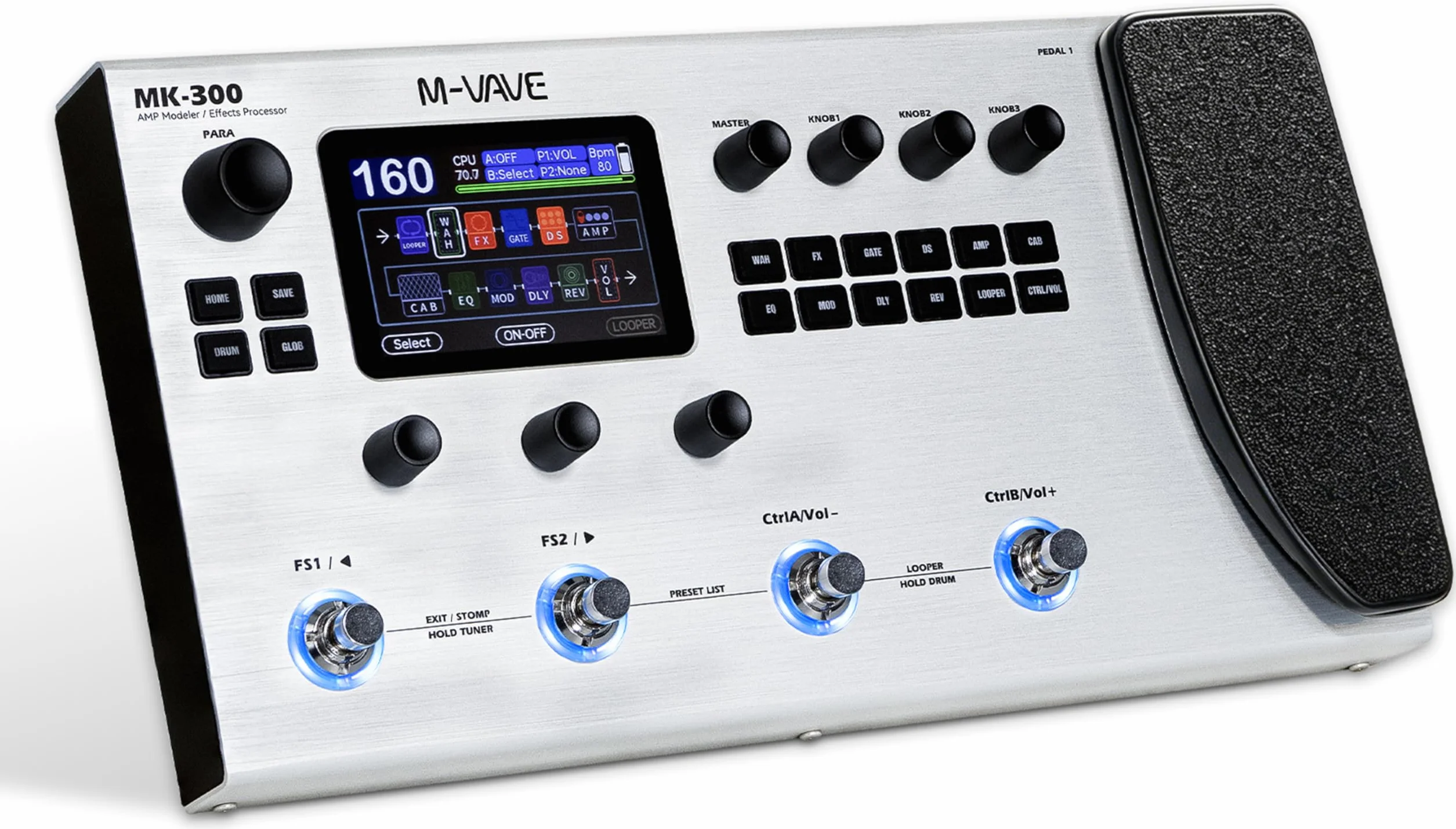 M-VAVE MK-300 Modelador de bajo y guitarra AMP y procesador de efectos con más de 320 efectos, 160 preajustes, Looper, máquina de ritmos, batería USB/BT 10H para grabación en directo/grabación