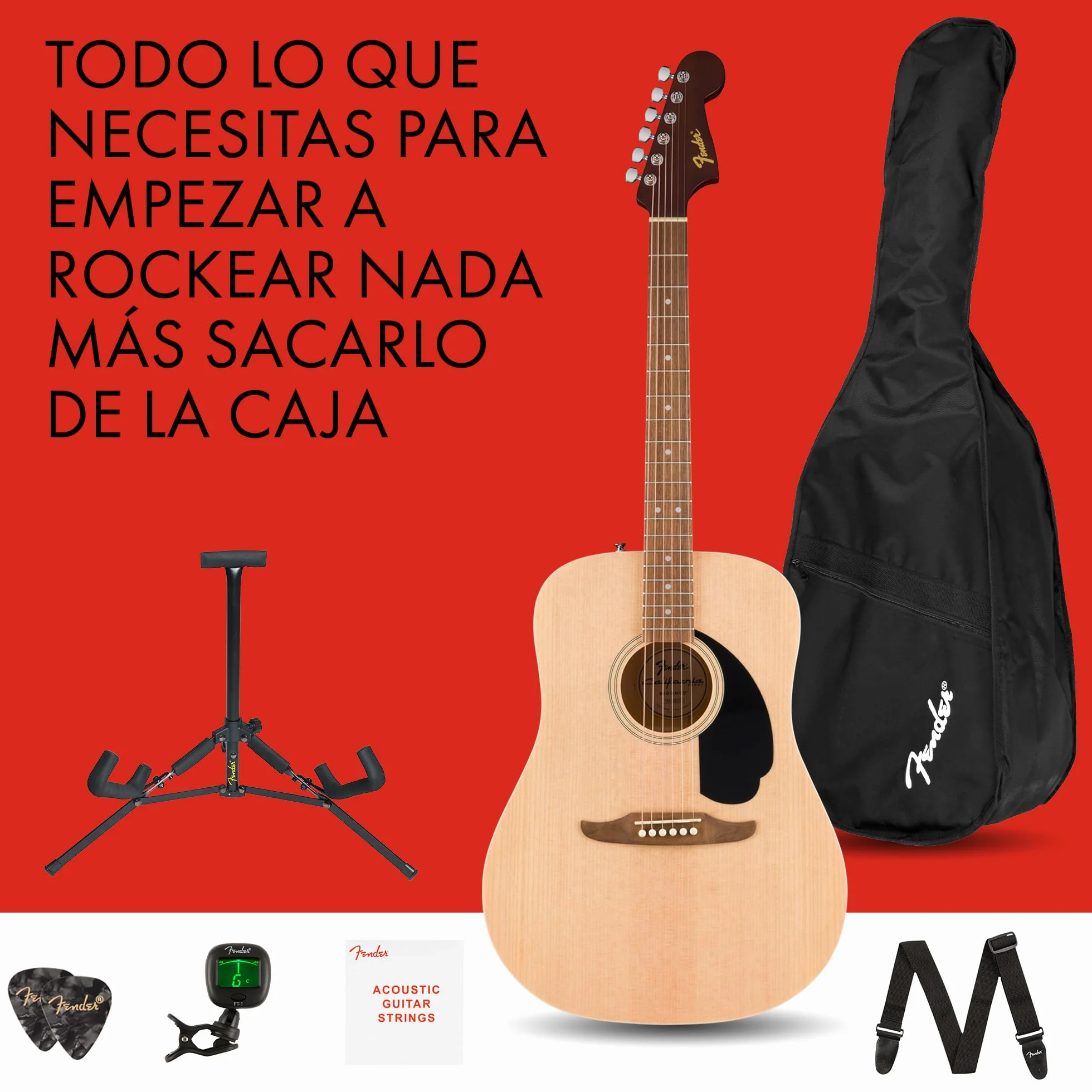 Fender guitarra acústica California Debut Redondo en acabado natural, funda, correa, cable, púas, soporte para guitarra