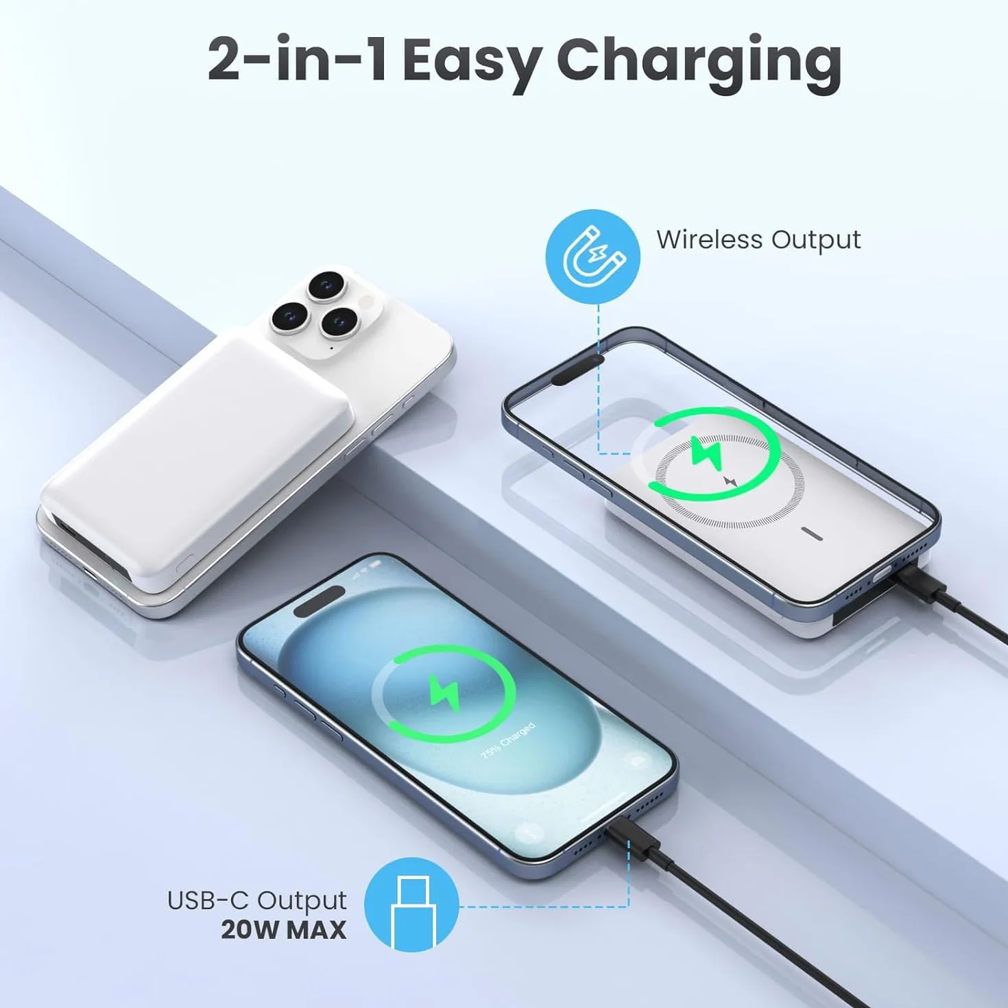 Power Bank 10000mAh 20W Inalámbrico Magnético Batería Externa Carga Rápida Slimmest Portátil USB C para iPhone Samsung Android