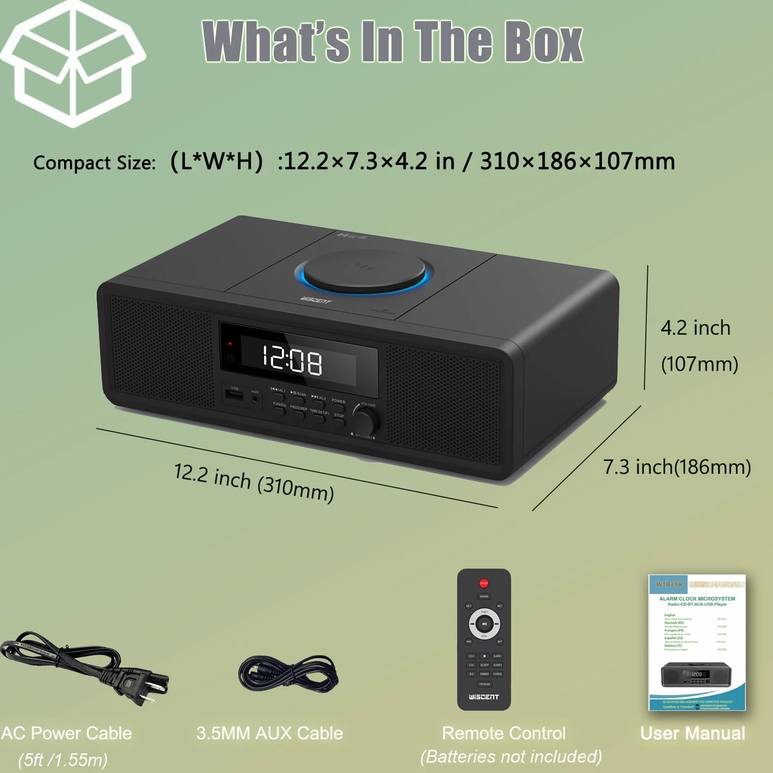 Sistema estéreo HiFi Compacta con CD, Radio FM, Bluetooth, USB, Auxiliar, Reloj Digital