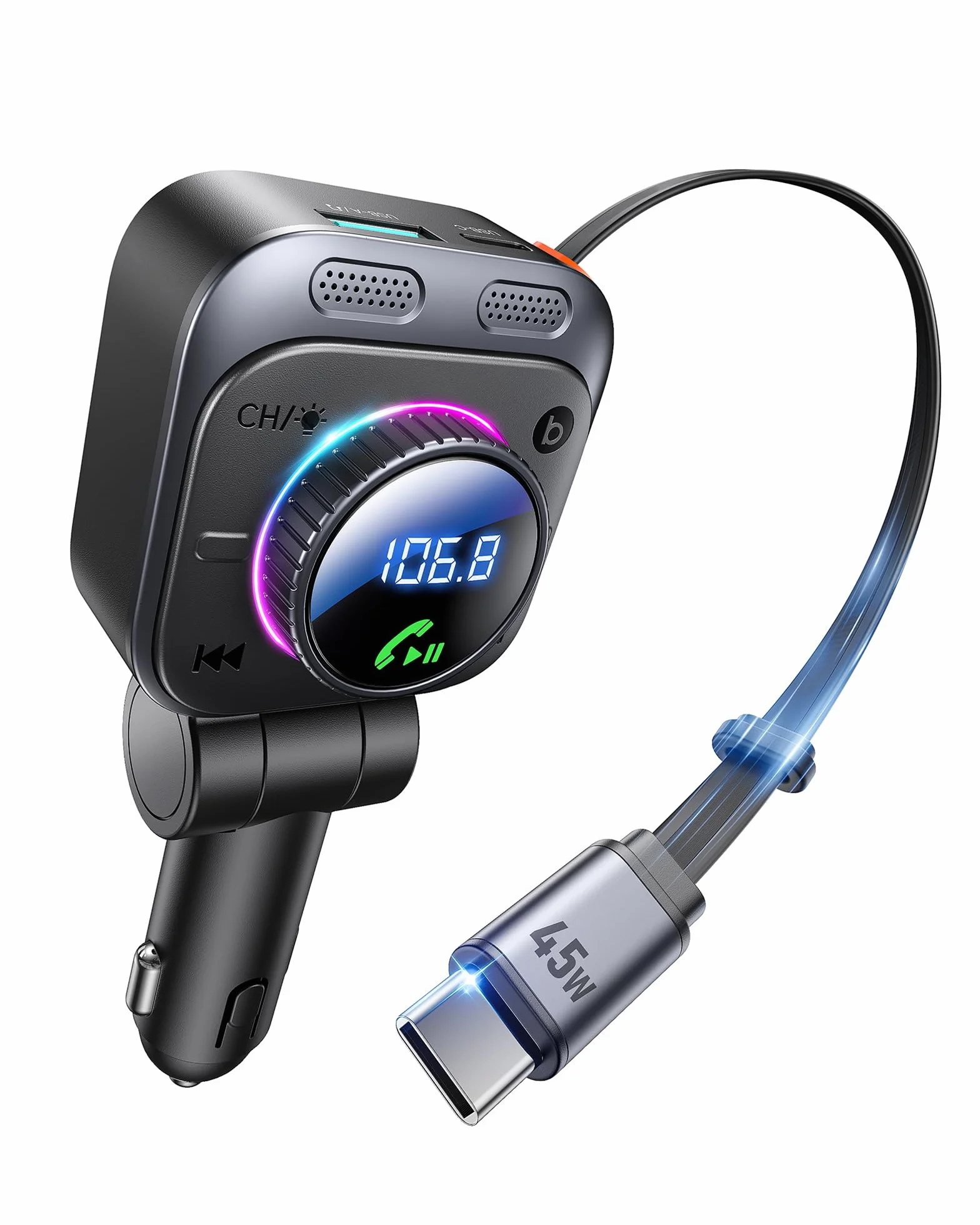 LENCENT Transmisor FM Bluetooth 5.4 con Carga Rápida 72W, Adaptador de Coche con Cable USB-C Extensible de 72 cm, Manos Libres con Graves Potentes, Reproductor de Música USB para Viaje por Carretera