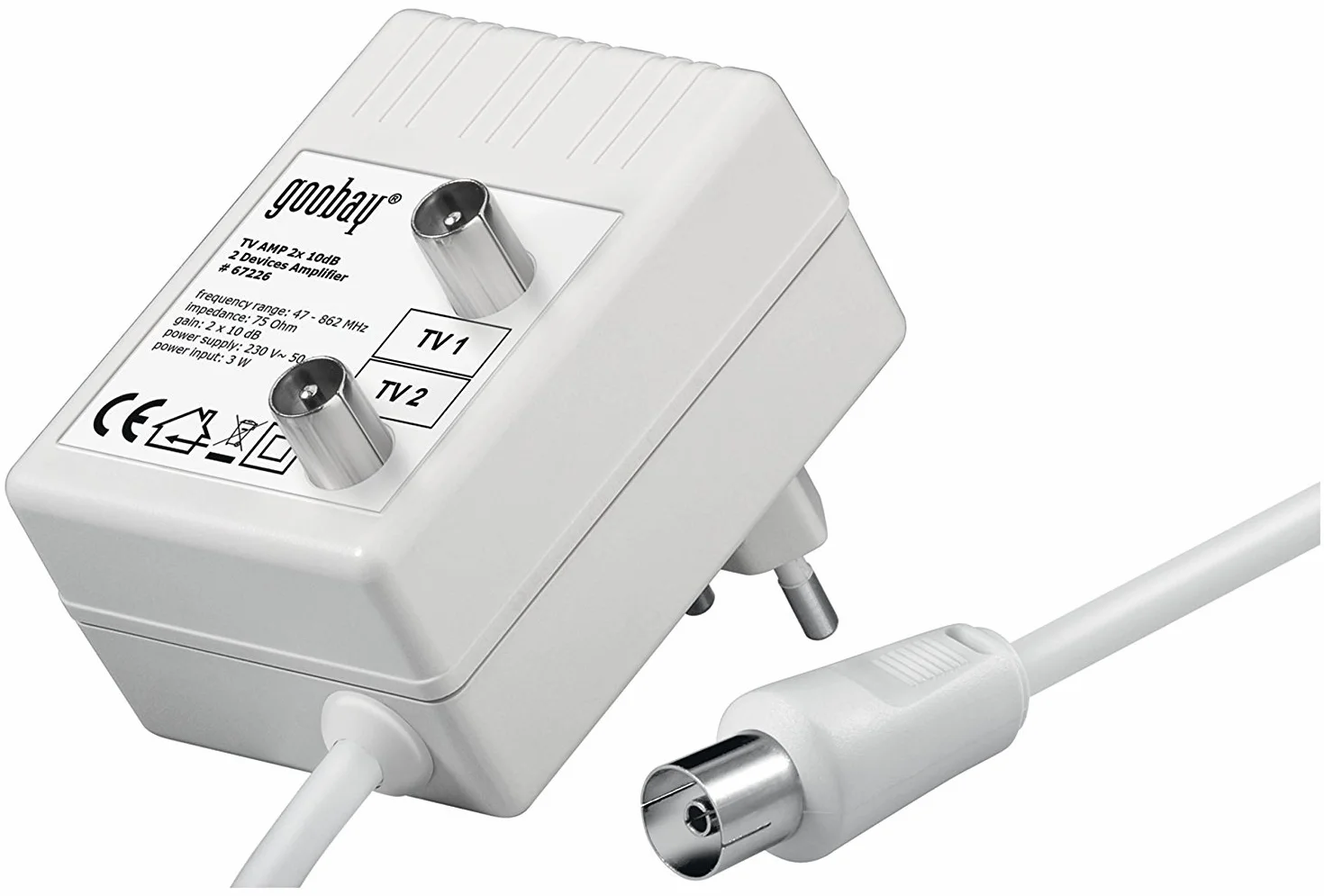 Wentronic Amplificador para distribución de Radio de TV por Cable DVB-T, amplificación óptima de la señal de 2 Dispositivos de 2× 15 dB, DVB-T, DVB-T2, DVB-C, Radio