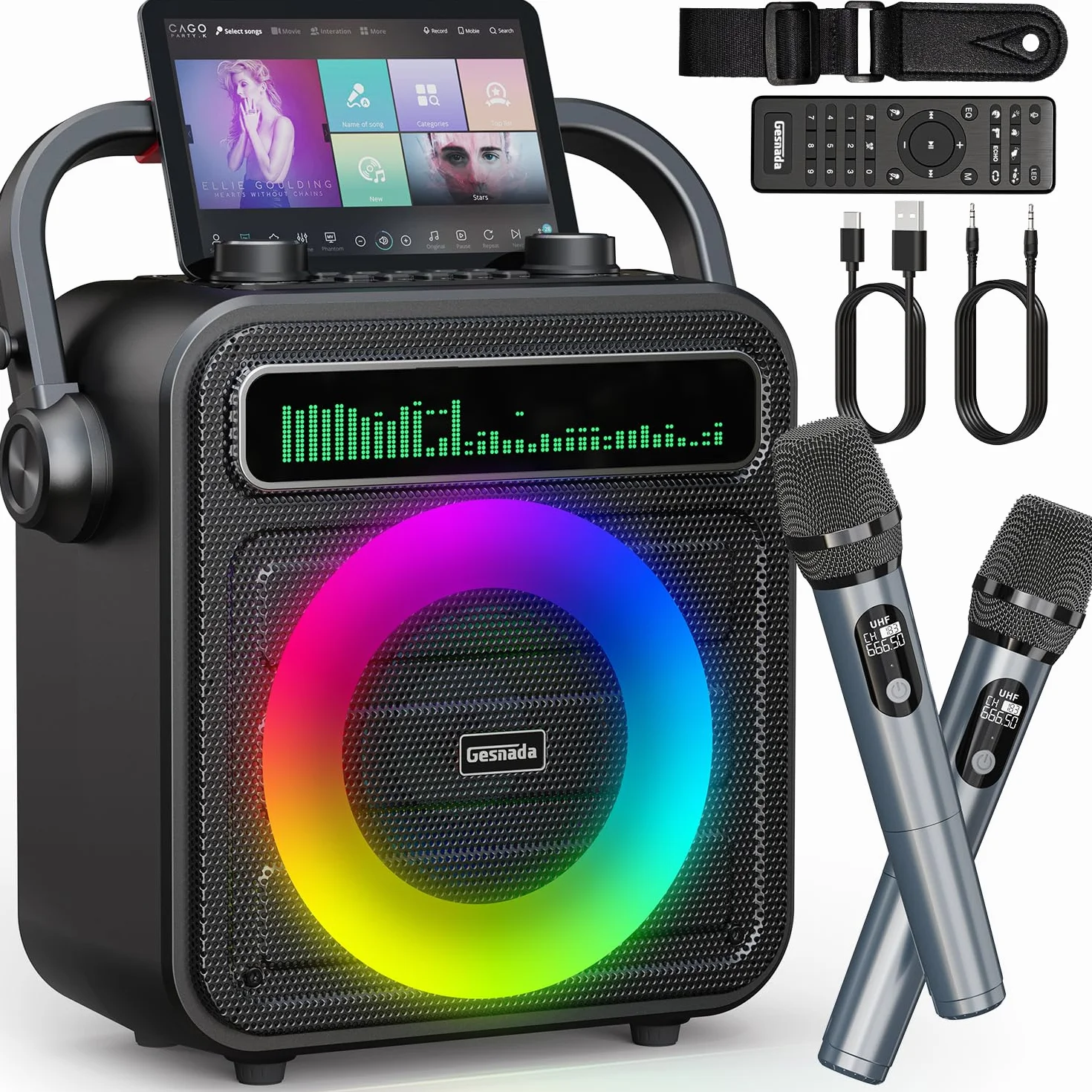 Karaoke 2 Micrófonos Inalámbricos, Altavoz Portátil para Karaoke con Sistema PA y LED, Compatible con Bluetooth/TF/USB/AUX/TWS, Es una Excelente Opción de Regalo para Niños, Familiares y Amigos