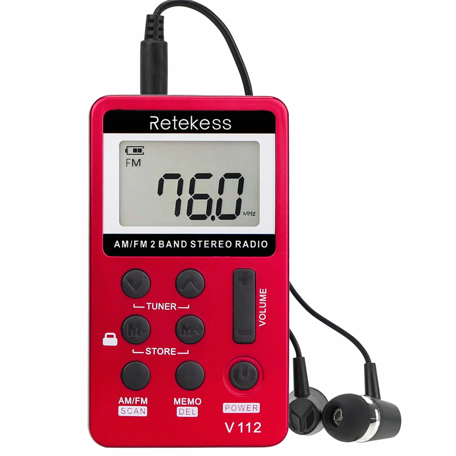 Retekess V112 Radio Portátil Pequeña,Mini Receptor de Sintonizador Digital Am FM,Batería Recargable,con Auriculares,Temporizador de Apagado,Adecuado para Correr,Viajar,Pescar(Rojo)