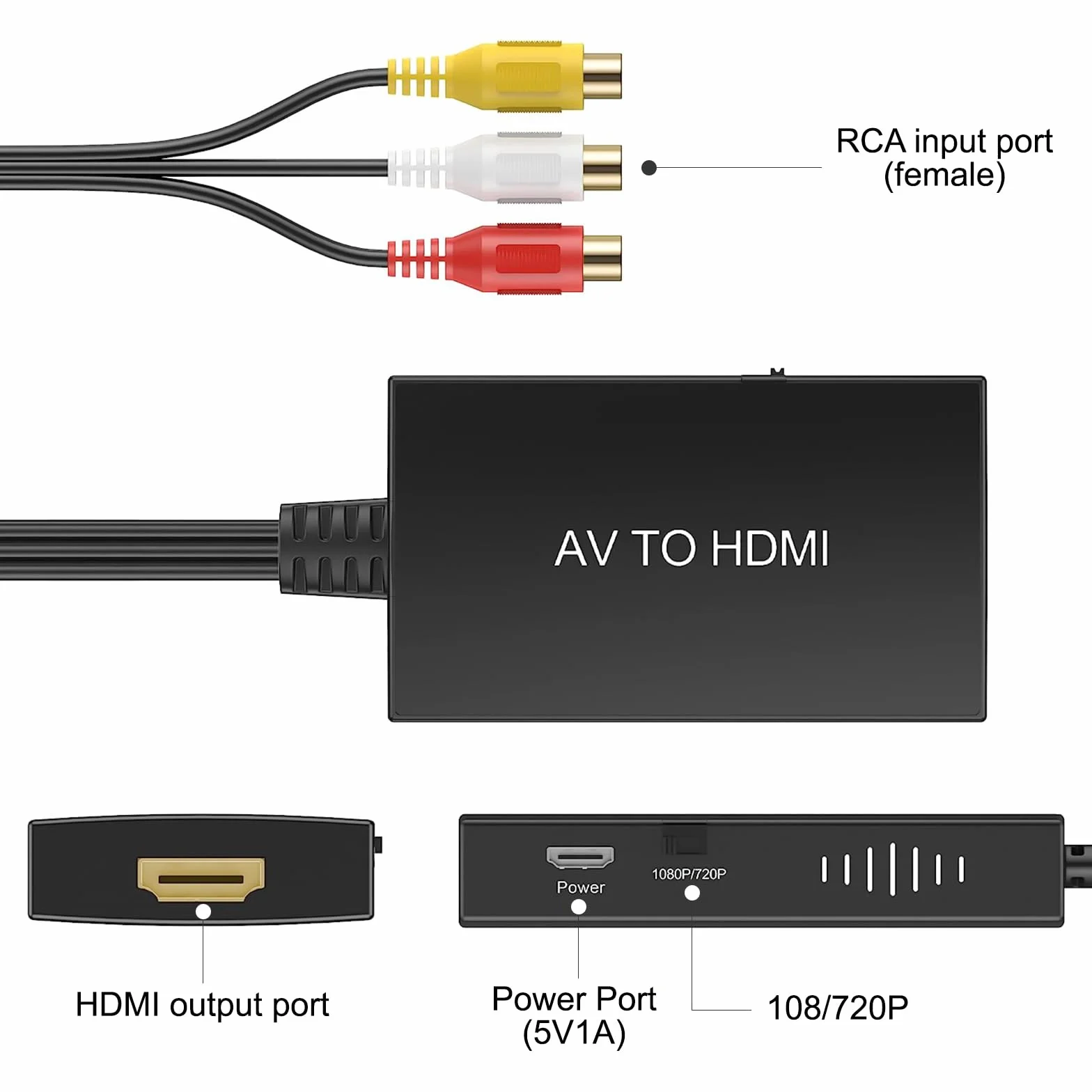 RCA a HDMI Adaptador HDMI, 720/1080p Convertidor Audio y Video Compatible con PAL/NTSC para PC Portátil PS2 PS3 Xbox N64 STB VHS VCR Cámara DVD