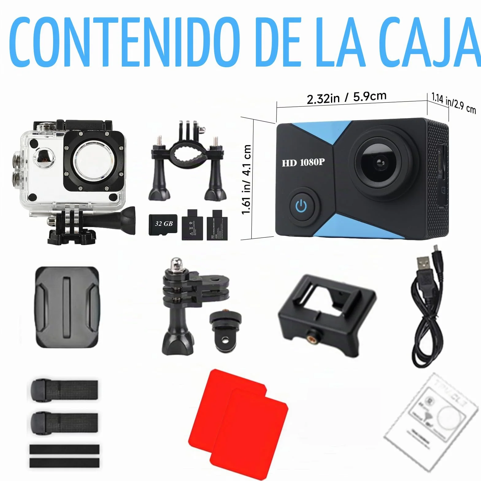 Cámara Deportiva 1080P Avec Carte Mémoire 32GB, 12MP Cámara de acción con Gran Angula Lente, Cámara Subacuática Impermeable 30M/98FT con 2 Baterías y Accesorios Kit para Casco y Bicicleta, etc.