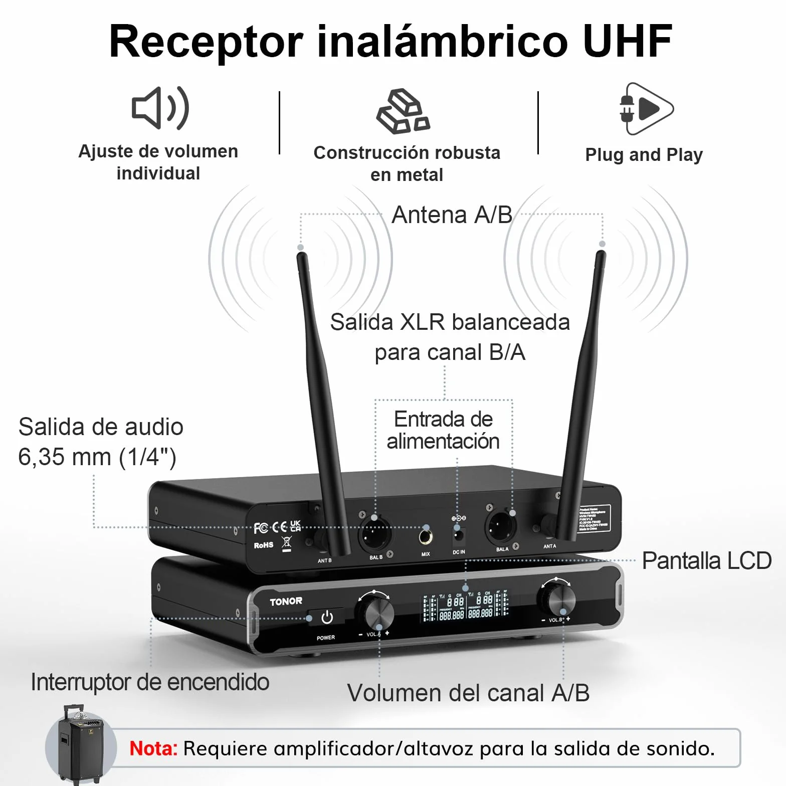 TONOR Micrófonos inalámbricos, Micro de Mano Doble Dinámico, Karaoke Sistema de Mic con Receptor para Karaoke, KTV doméstico, DJ, Boda, Fiesta, Iglesia, 2x5 UHF Frecuencias Ajustables, 60M TW450 Gris