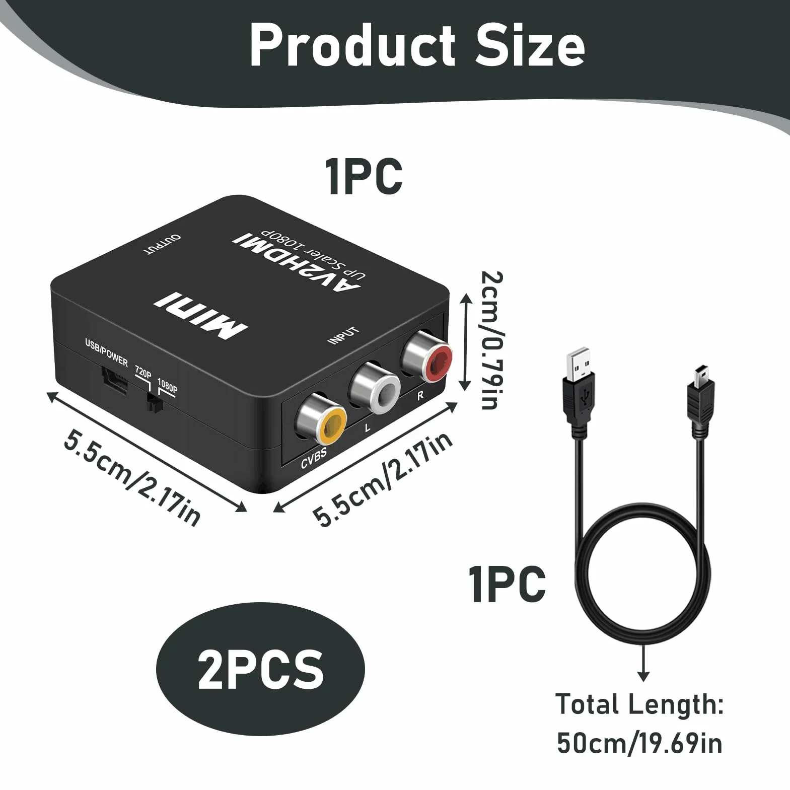 Adaptador RCA a HDMI 1080P, Convertidor AV a HDMI con Soporte para Wii, PS2, Gamecube, DVD, VHS, Laptop, Proyector, Compatible con Televisores y Monitores, Cable de Alimentación USB Incluido (Negro)