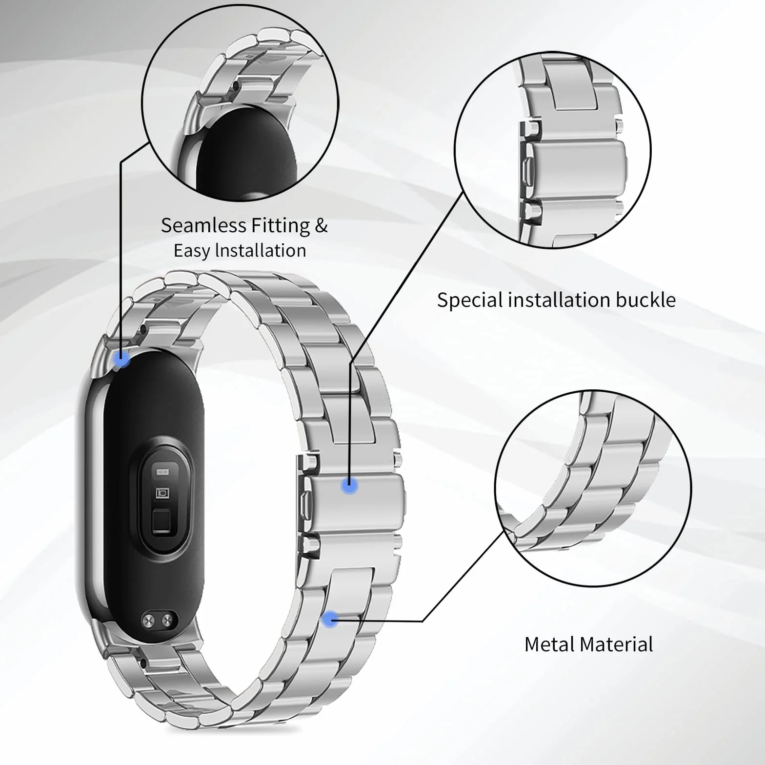 BDIG Correa Compatible para Xiaomi Mi Band 10/9/8, Pulsera de Repuesto de Acero Inoxidable Hebilla Ajustable Plata