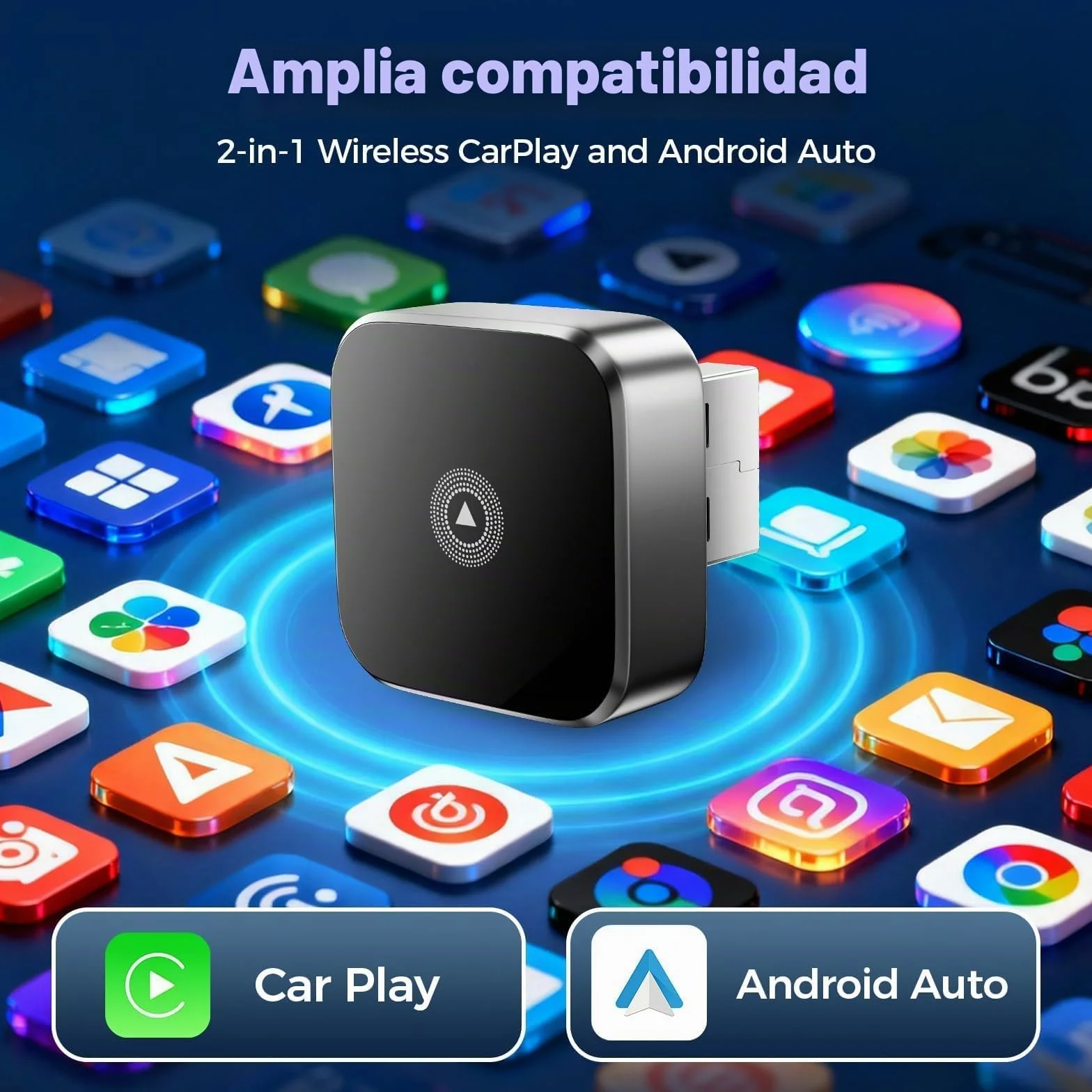 Adaptador Inalámbrico Carplay Android Auto 2 En 1 WiFi 2.4+5.0 GHz Bluetooth 5.0 USB C/A