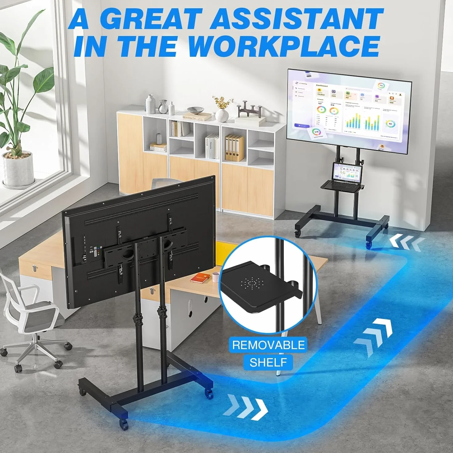 RFIVER Soporte TV Pie Ruedas para Television de 32 43 50 55 65 75 80 Pulgadas - Tele Televisor Soportes Pie Inclinable - Soporte TV Suelo Altura Ajustable Movil | MAX Vesa 600x400mm 50 KG