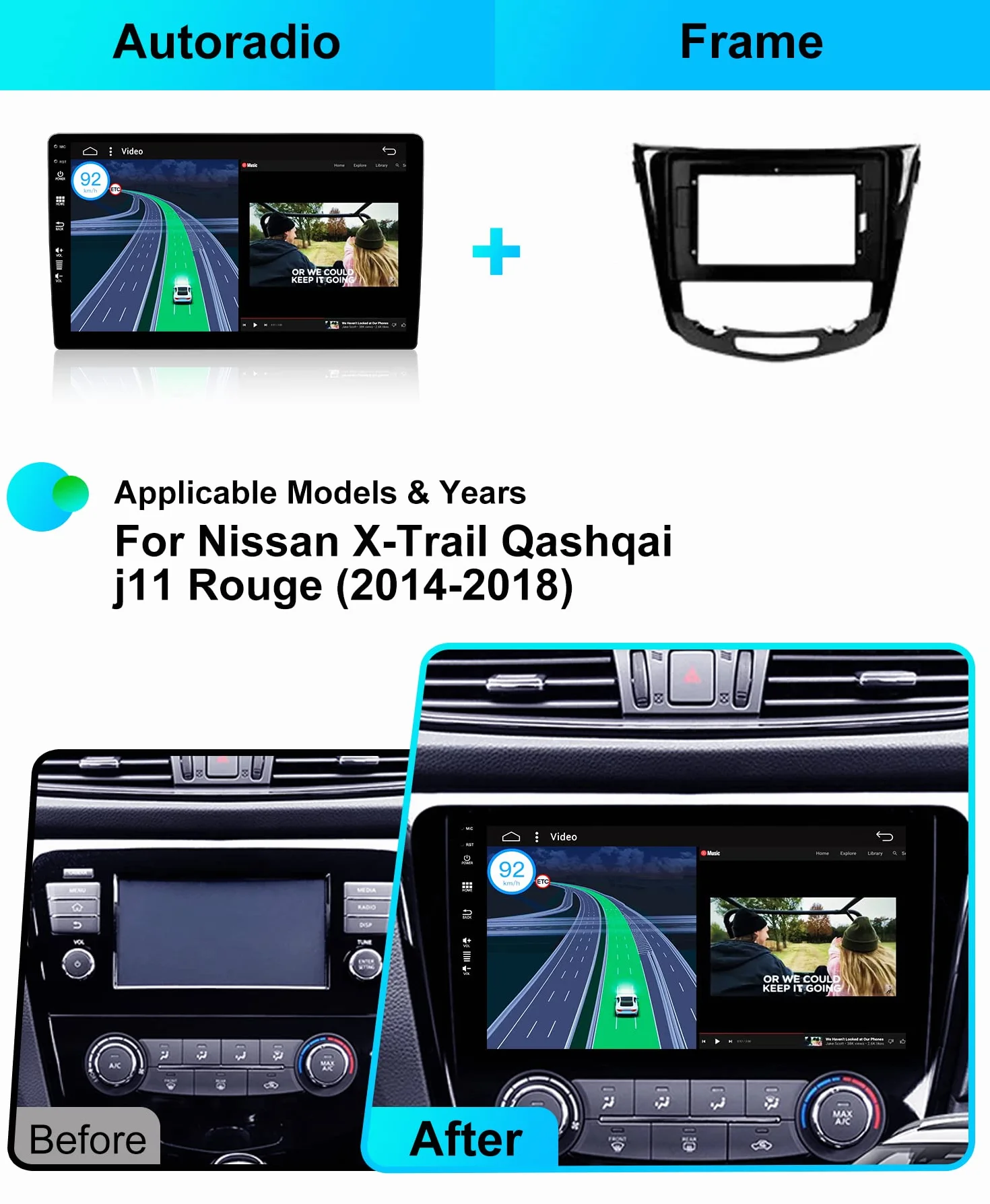 Autoradio Android 14 IPS 10.1 Pulgada 2 DIN para Nissan X-Trail Qashqai J11 (2014-2018) con Carplay, Android Auto, DSP, DAB, Cámara 360