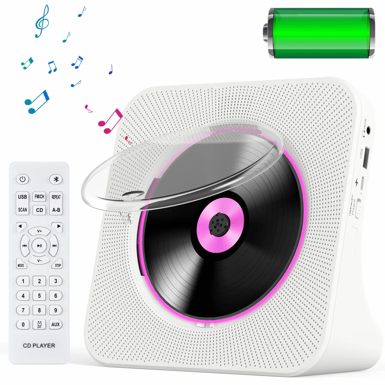 Reproductor de CD Portátil con Bluetooth y Batería 4000mAh Altavoces Radio FM Mando a Distancia