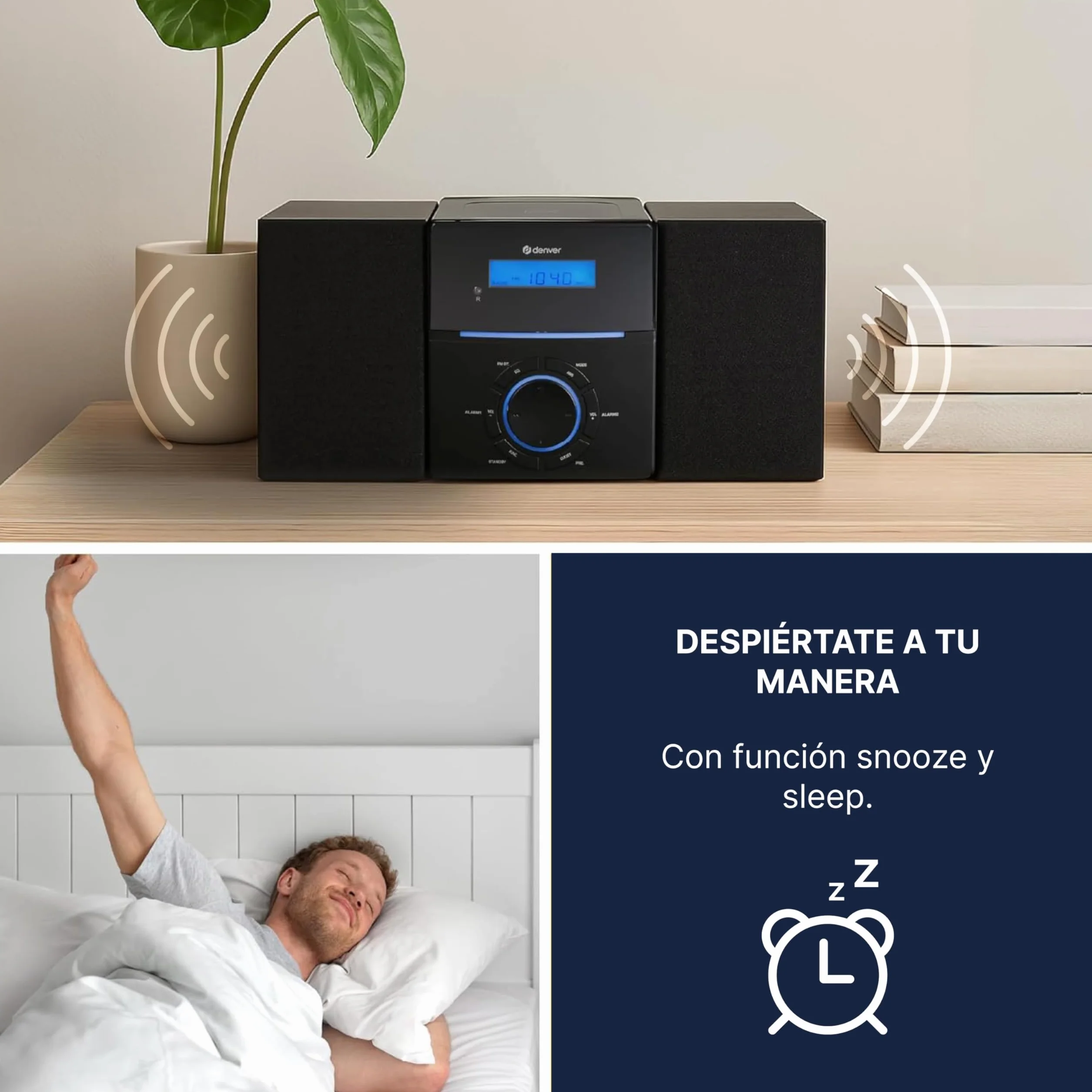Denver MCA-240 Microcadena con CD y Radio FM, 30 presintonías, AUX, Auriculares, Mando a Distancia, Doble Alarma, 2 x 2 W RMS